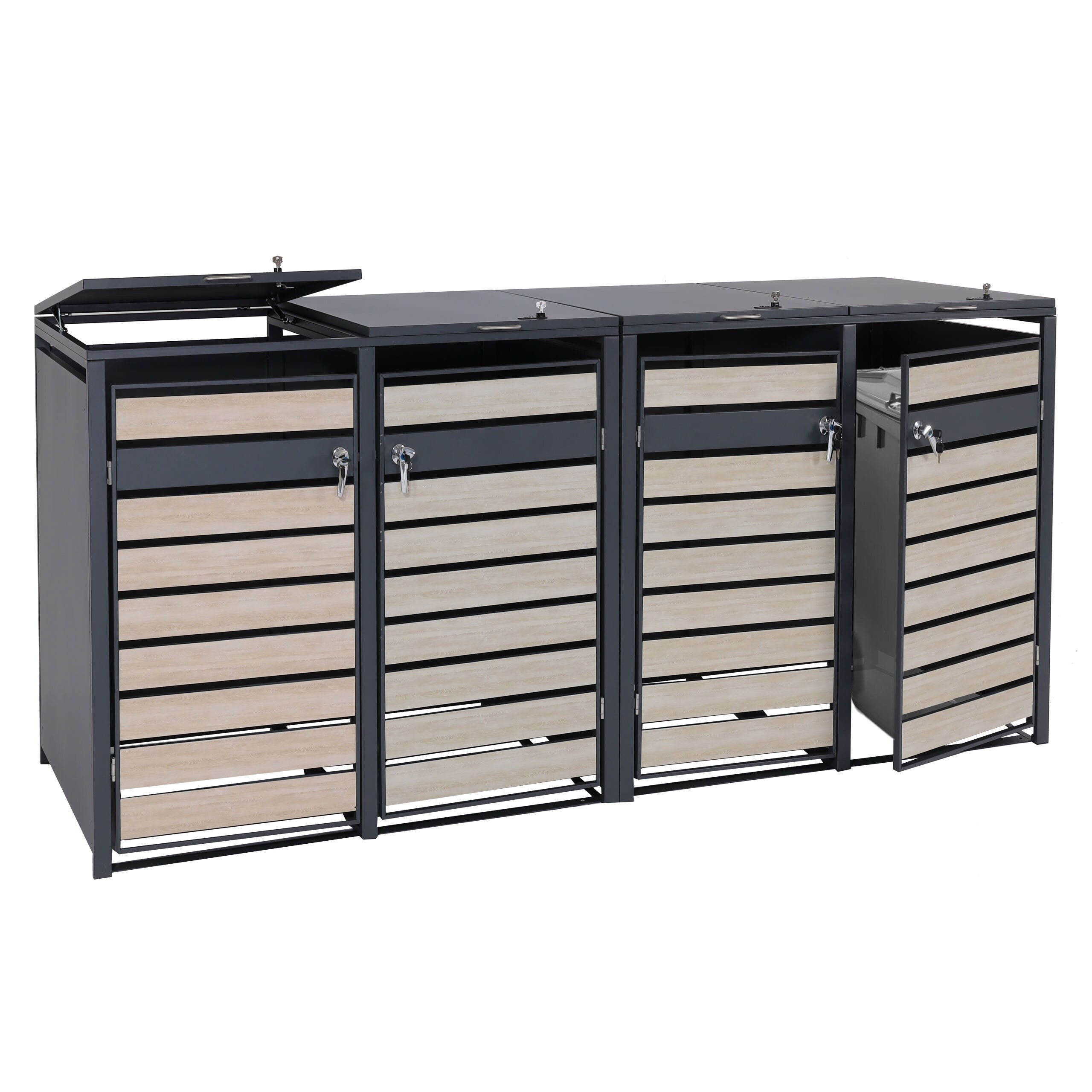 4er M&uuml;lltonnenverkleidung MCW-J81, M&uuml;lltonnenbox, erweiterbar, Metall 100kg, anthrazit ~ Buche-Holzoptik hellbraun - Bild 1