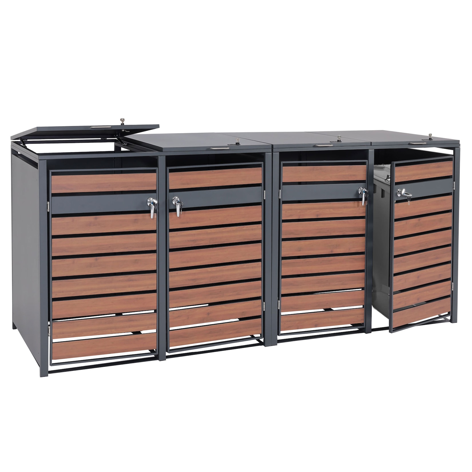 4er Mülltonnenverkleidung MCW-J81, Mülltonnenbox, erweiterbar, Metall 100kg, anthrazit ~ Kirsche-Holzoptik dunkelbraun