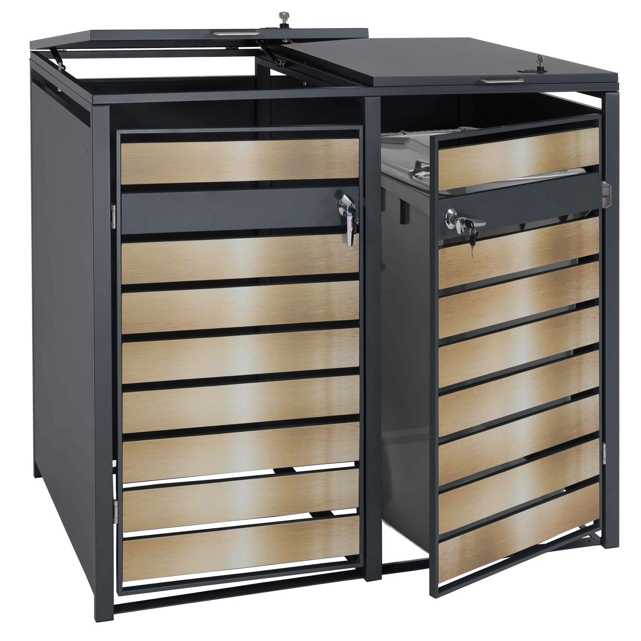 2er M&uuml;lltonnenverkleidung MCW-J81, M&uuml;lltonnenbox, erweiterbar, Metall 50kg, anthrazit ~ gold - Bild 1