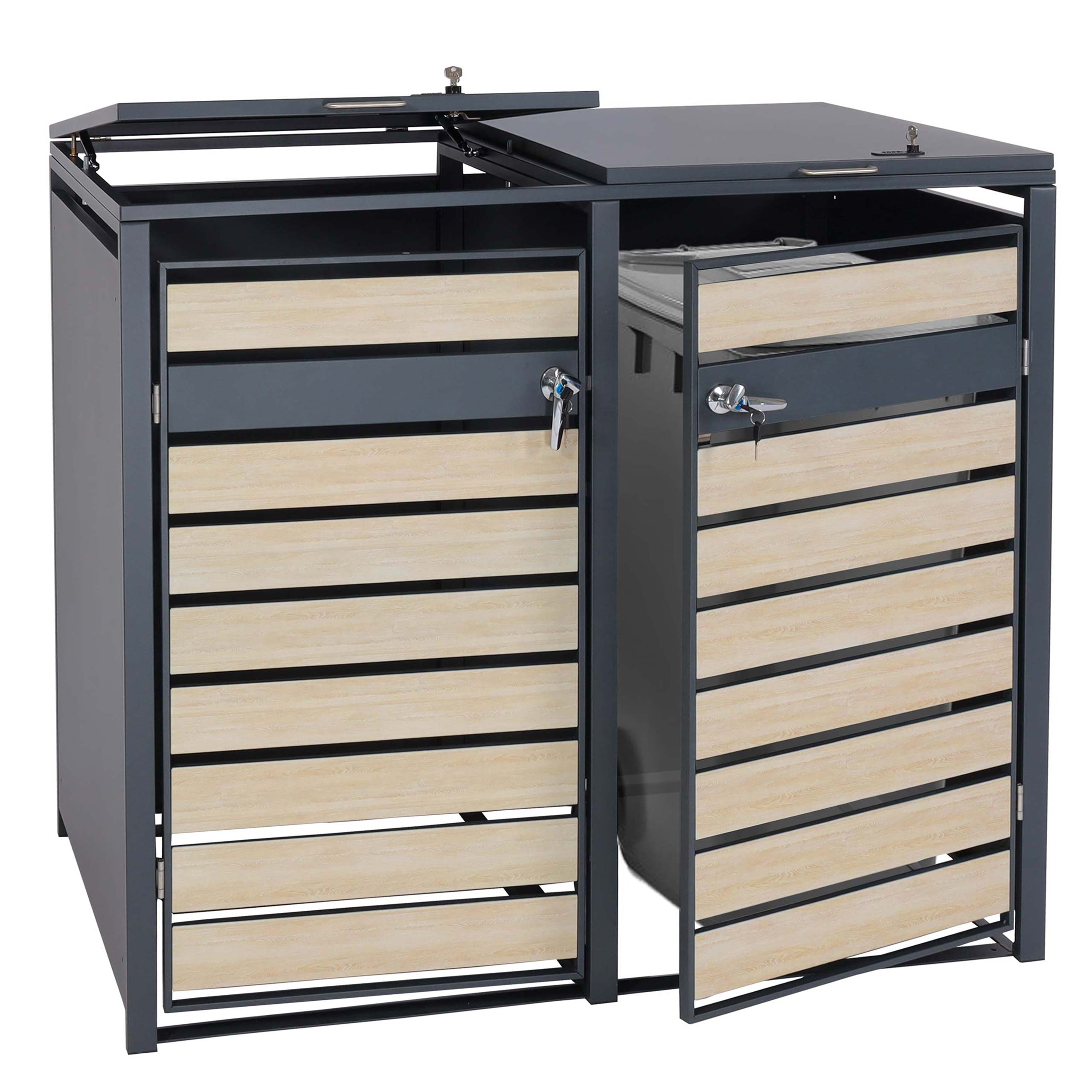 2er M&uuml;lltonnenverkleidung MCW-J81, M&uuml;lltonnenbox, erweiterbar, Metall 50kg, anthrazit ~ Buche-Holzoptik hellbraun - Bild 1