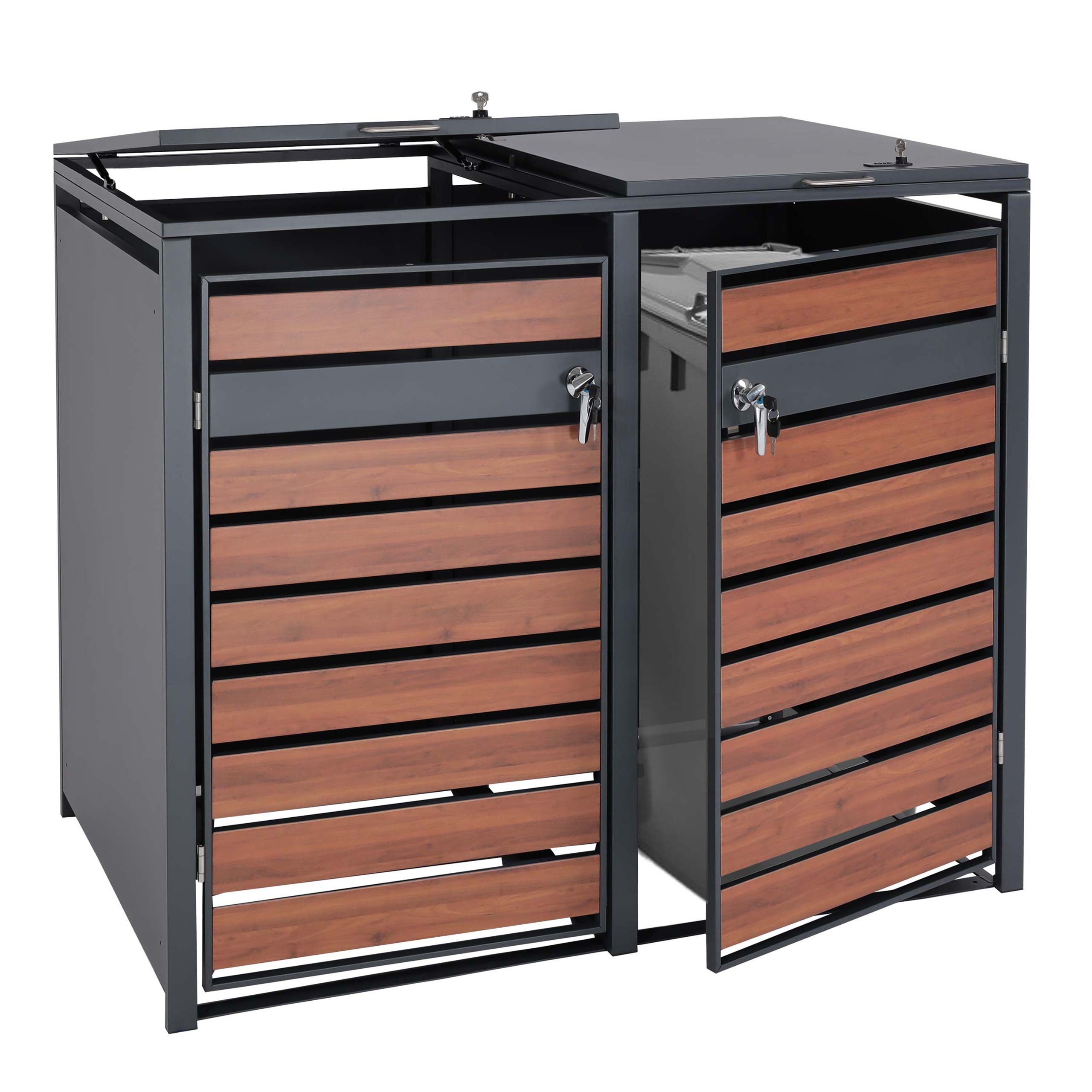 2er M&uuml;lltonnenverkleidung MCW-J81, M&uuml;lltonnenbox, erweiterbar, Metall 50kg, anthrazit ~ Kirsche-Holzoptik dunkelbraun - Bild 1