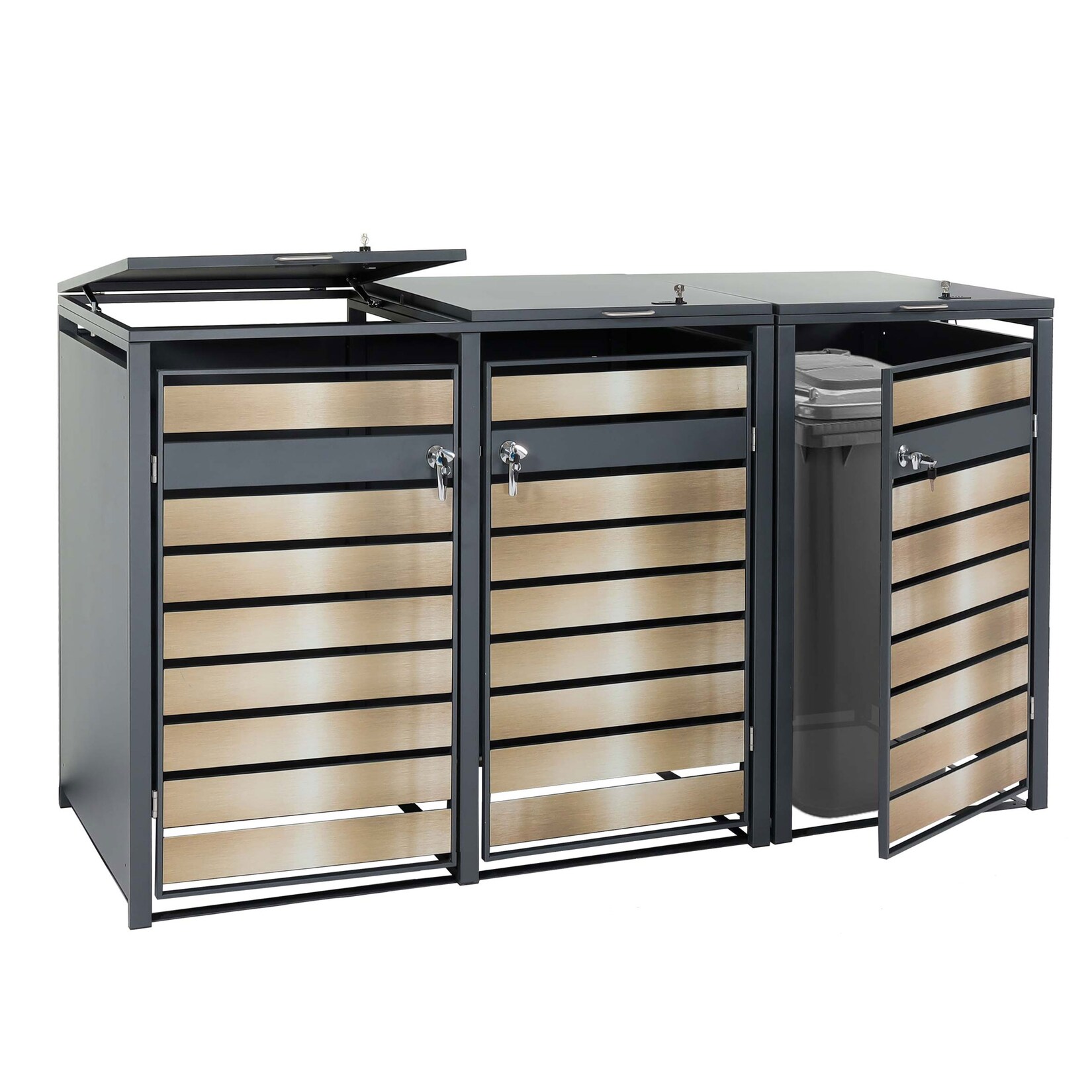 3er Mülltonnenverkleidung MCW-J81, Mülltonnenbox, erweiterbar, Metall 82kg, anthrazit ~ gold | 04057651769493
