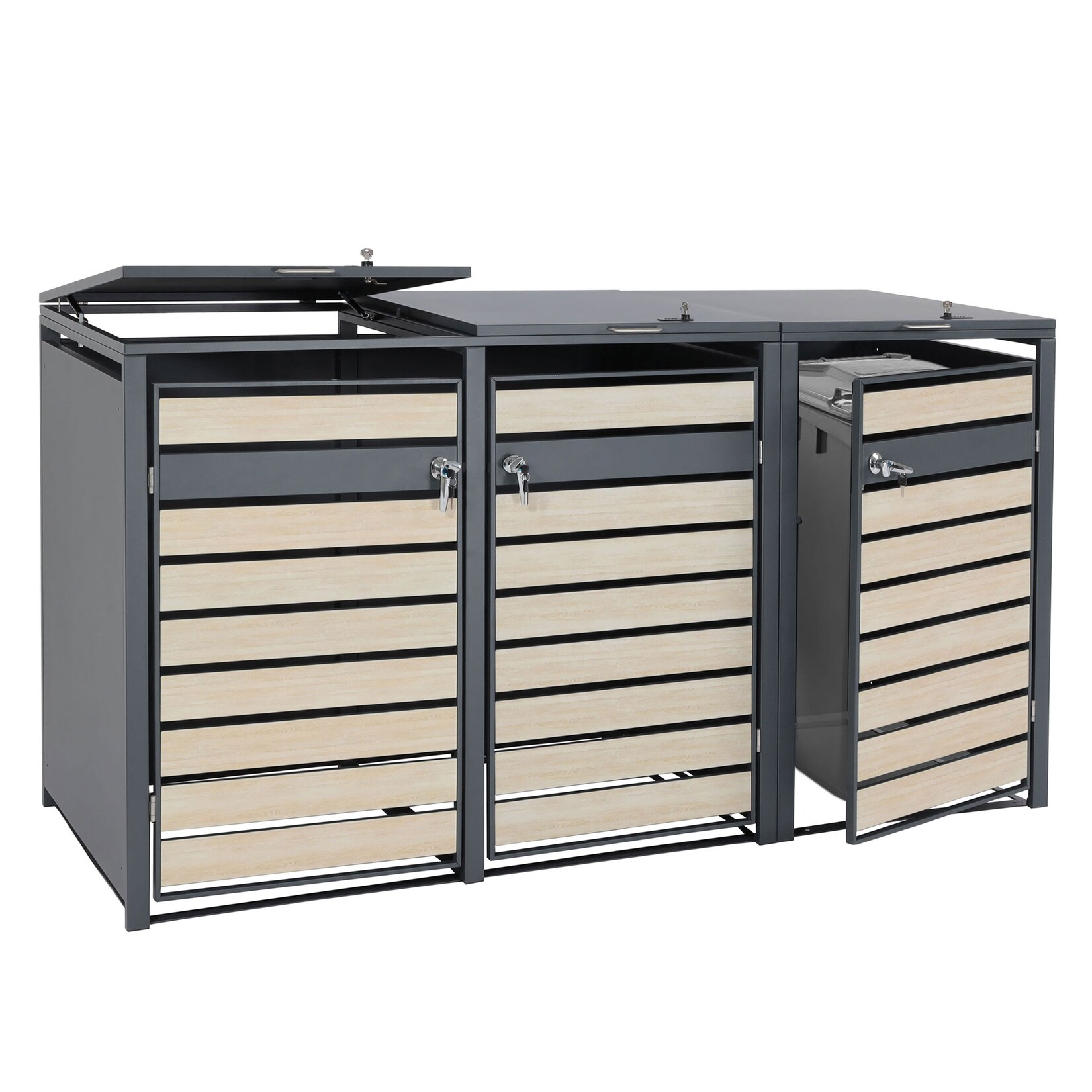 3er Mülltonnenverkleidung MCW-J81, Mülltonnenbox, erweiterbar, Metall 82kg, anthrazit ~ Buche-Holzoptik hellbraun
