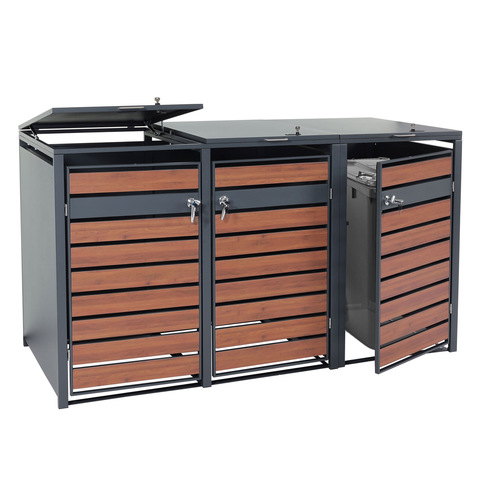 3er Mülltonnenverkleidung MCW-J81, Mülltonnenbox, erweiterbar, Metall 82kg, anthrazit ~ Kirsche-Holzoptik dunkelbraun