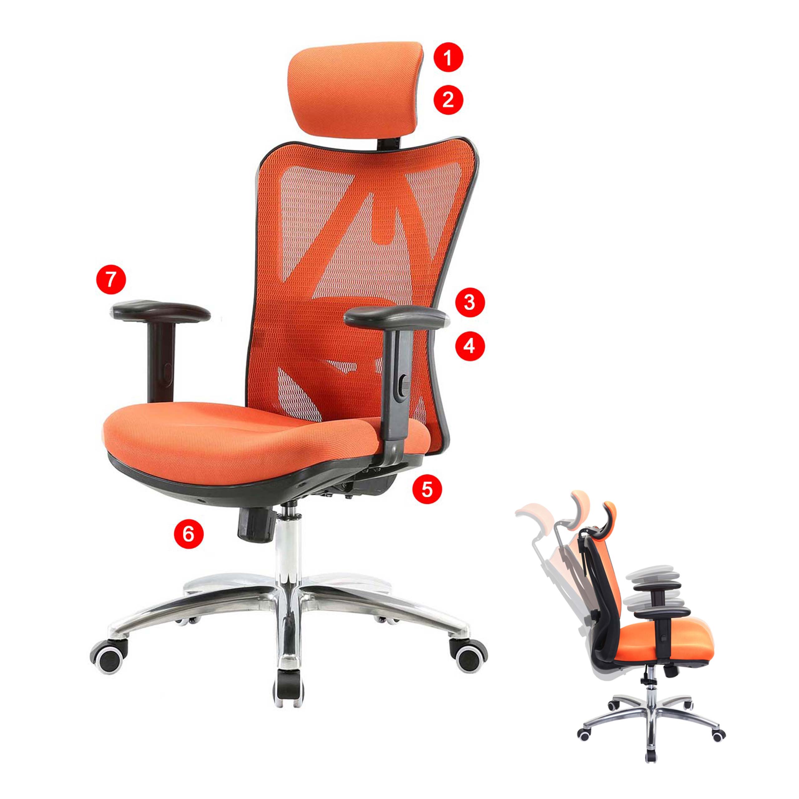 B&uuml;rostuhl MCW-J86, Schreibtischstuhl, ergonomisch, verstellbare Lordosenst&uuml;tze 150kg belastbar ~ ohne Fu&szlig;st&uuml;tze, orange - Bild 1