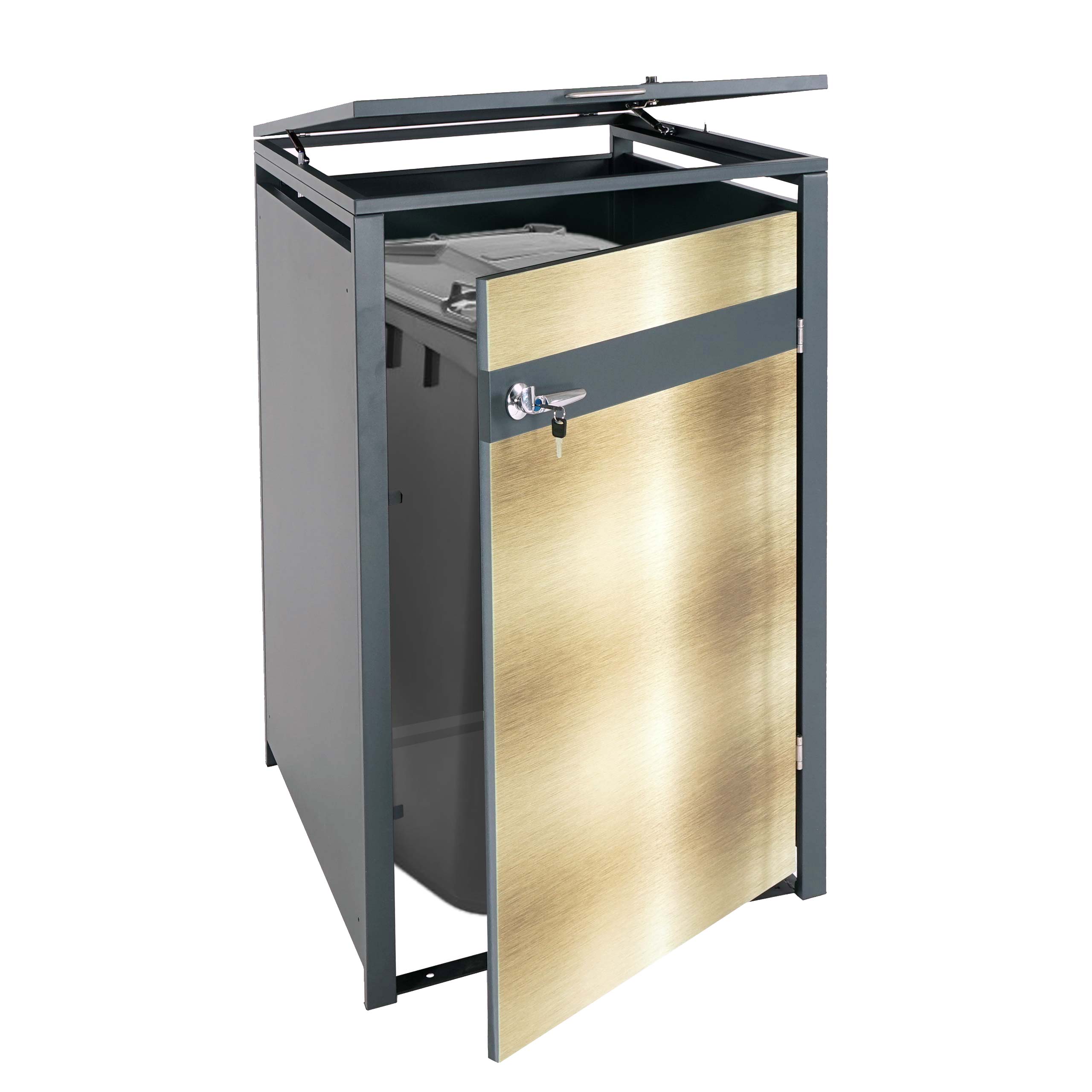 1er M&uuml;lltonnenverkleidung MCW-J82, M&uuml;lltonnenbox, erweiterbar, Metall 32kg, anthrazit ~ gold - Bild 1