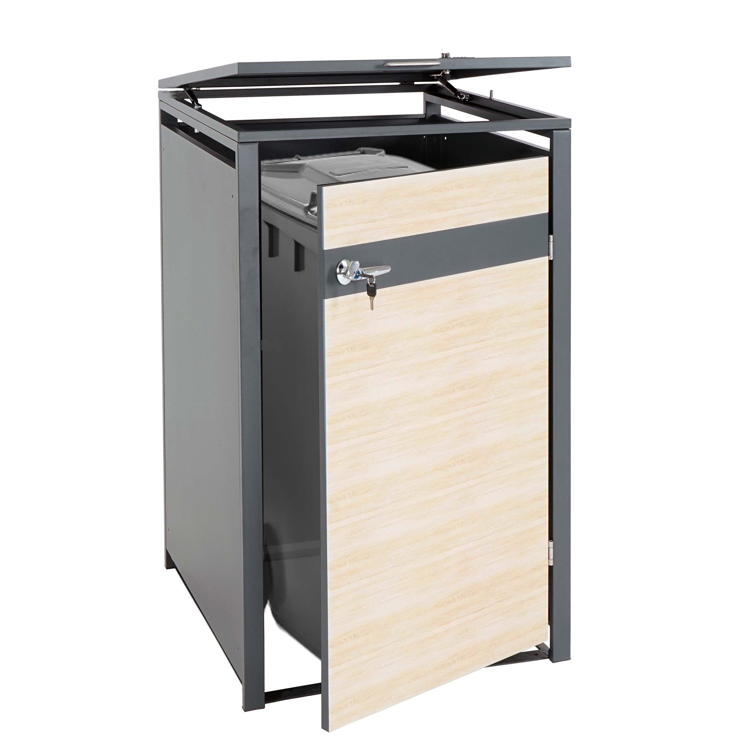 1er M&uuml;lltonnenverkleidung MCW-J82, M&uuml;lltonnenbox, erweiterbar, Metall 32kg, anthrazit ~ Buche-Holzoptik hellbraun - Bild 1