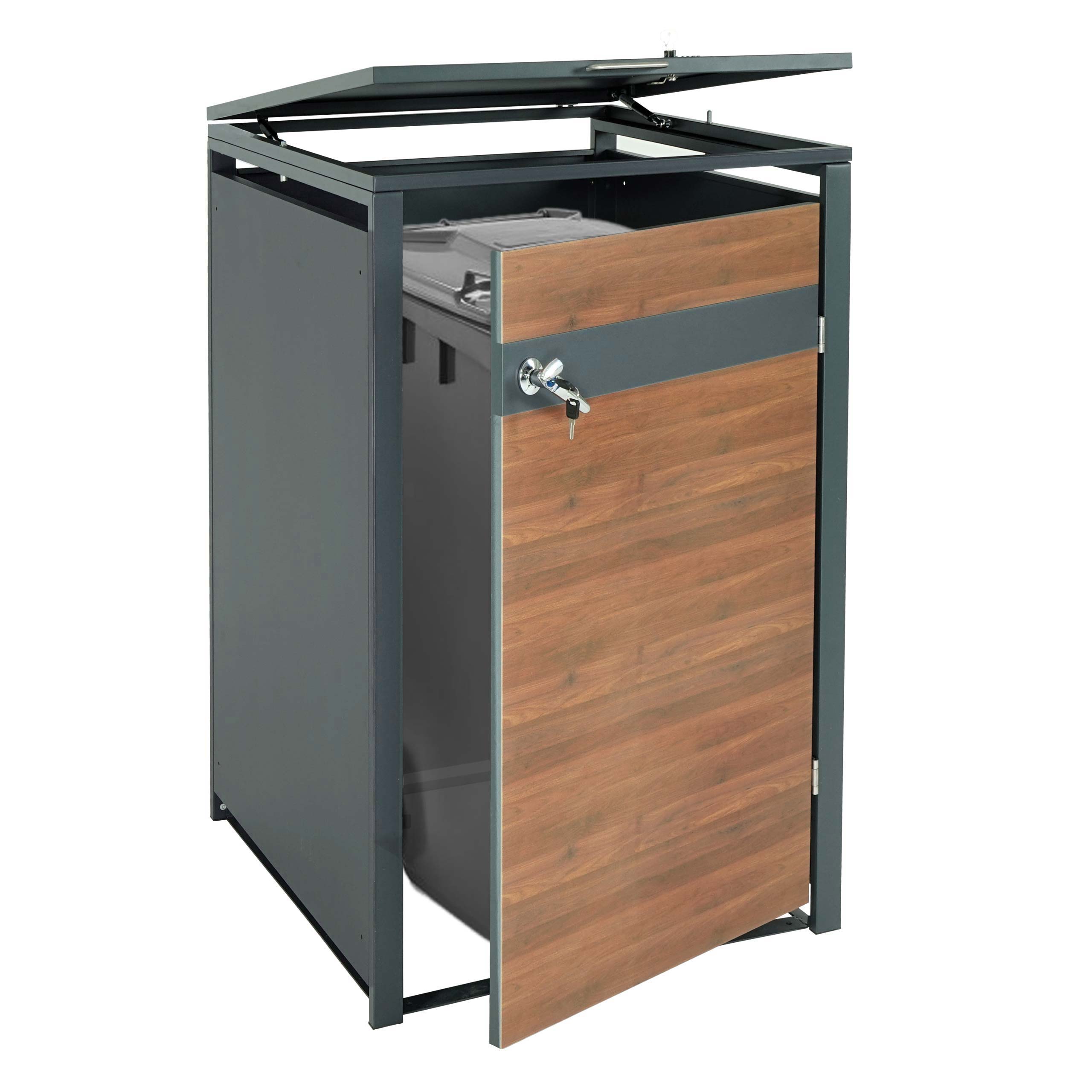 1er M&uuml;lltonnenverkleidung MCW-J82, M&uuml;lltonnenbox, erweiterbar, Metall 32kg, anthrazit ~ Kirsche-Holzoptik dunkelbraun - Bild 1