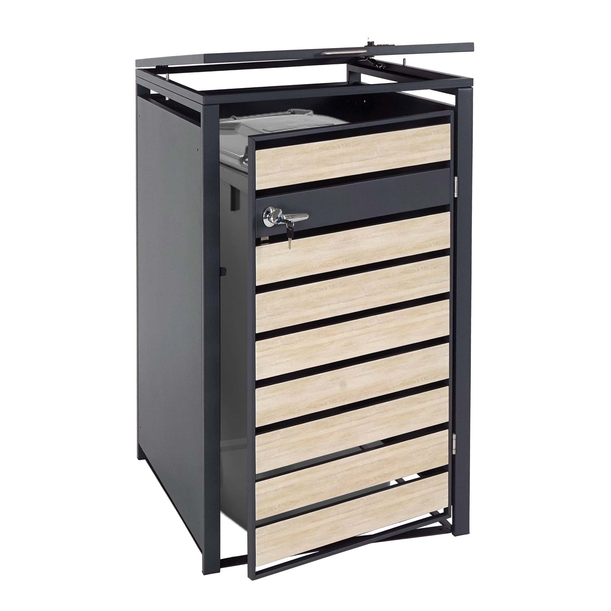 1er M&uuml;lltonnenverkleidung MCW-J81, M&uuml;lltonnenbox, erweiterbar, Metall 32kg, anthrazit ~ Buche-Holzoptik hellbraun - Bild 1