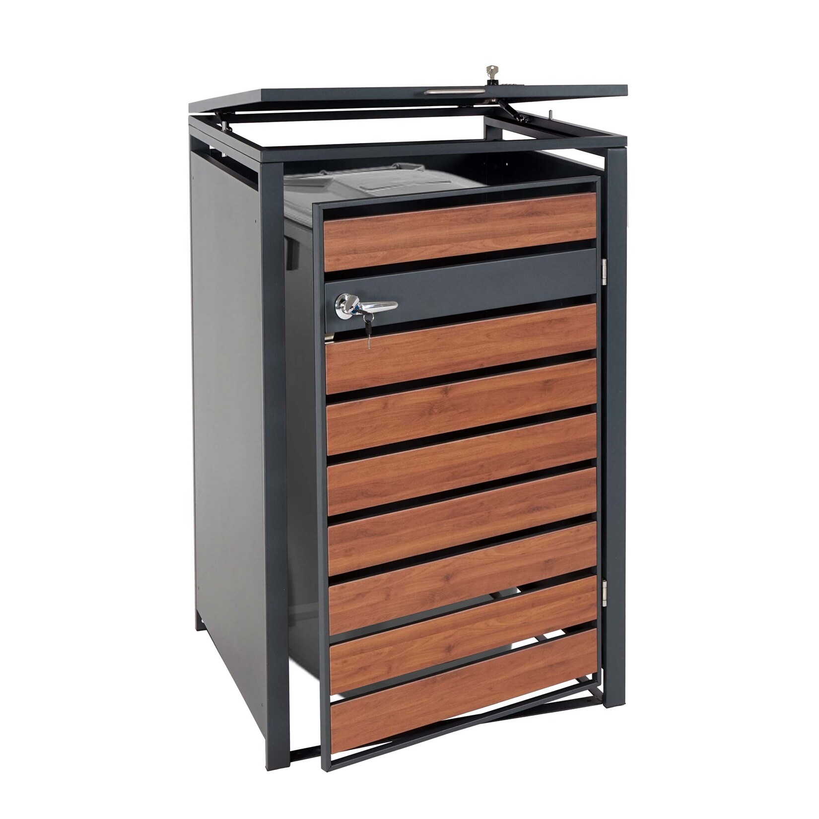 1er Mülltonnenverkleidung MCW-J81, Mülltonnenbox, erweiterbar, Metall 32kg, anthrazit ~ Kirsche-Holzoptik dunkelbraun