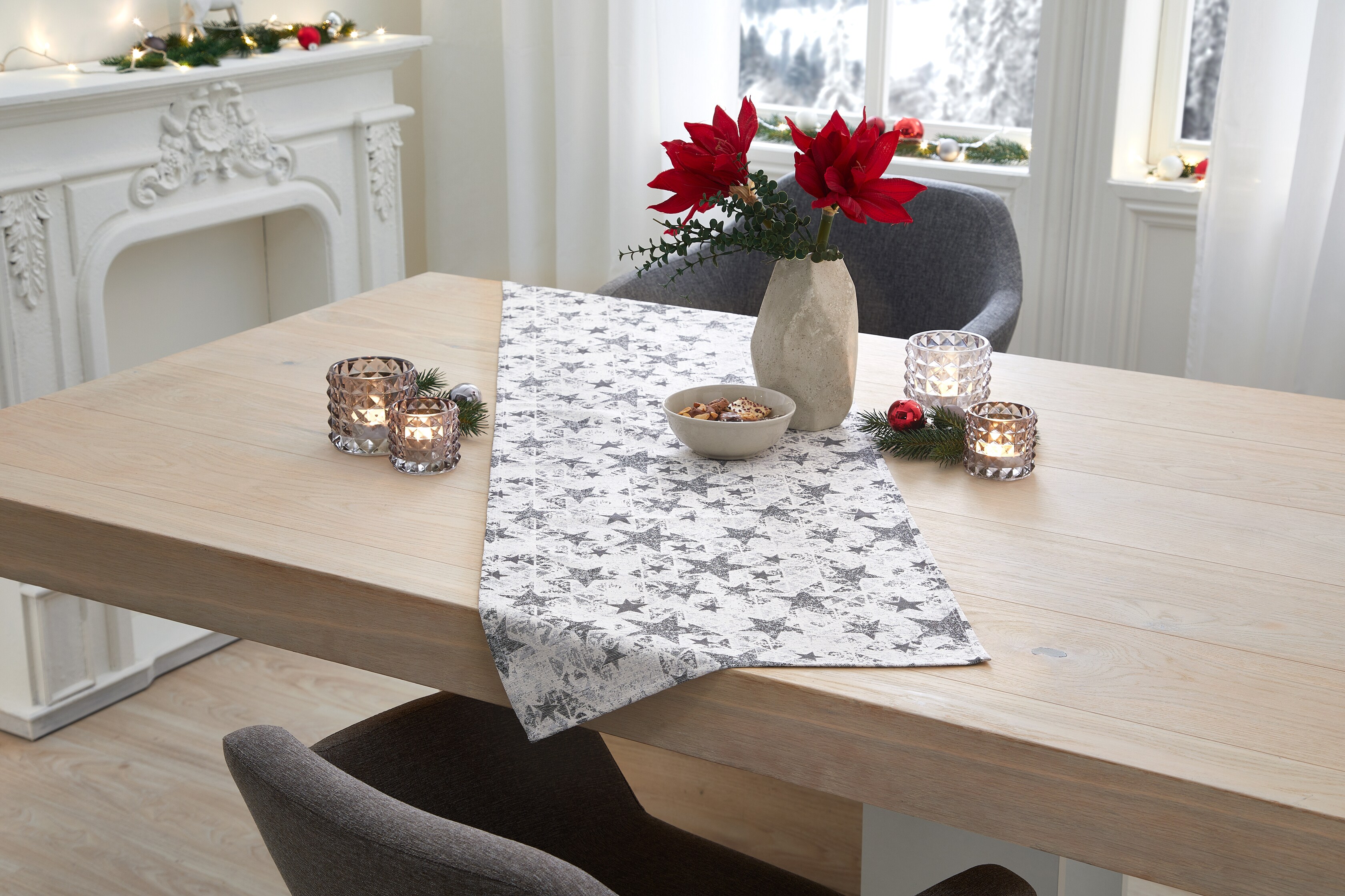 Dekor Tischl&auml;ufer ca. 40 x 150 cm - grau Sterne - versch. Muster - Bild 1