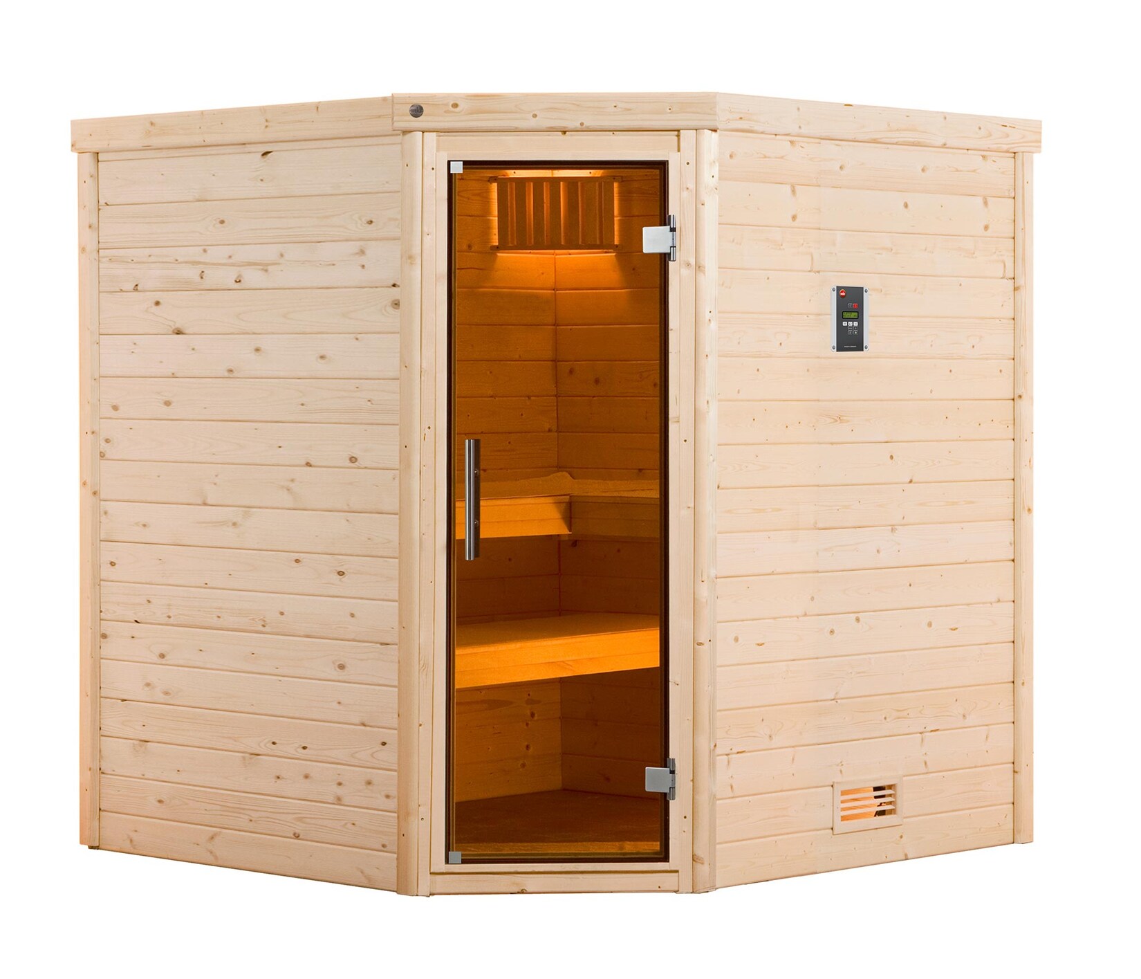 weka Premium Massivholz-Sauna TURKU Eck Gr. 2 Sparset 7,5 kW BioS inkl. digitaler Steuerung, Glastür