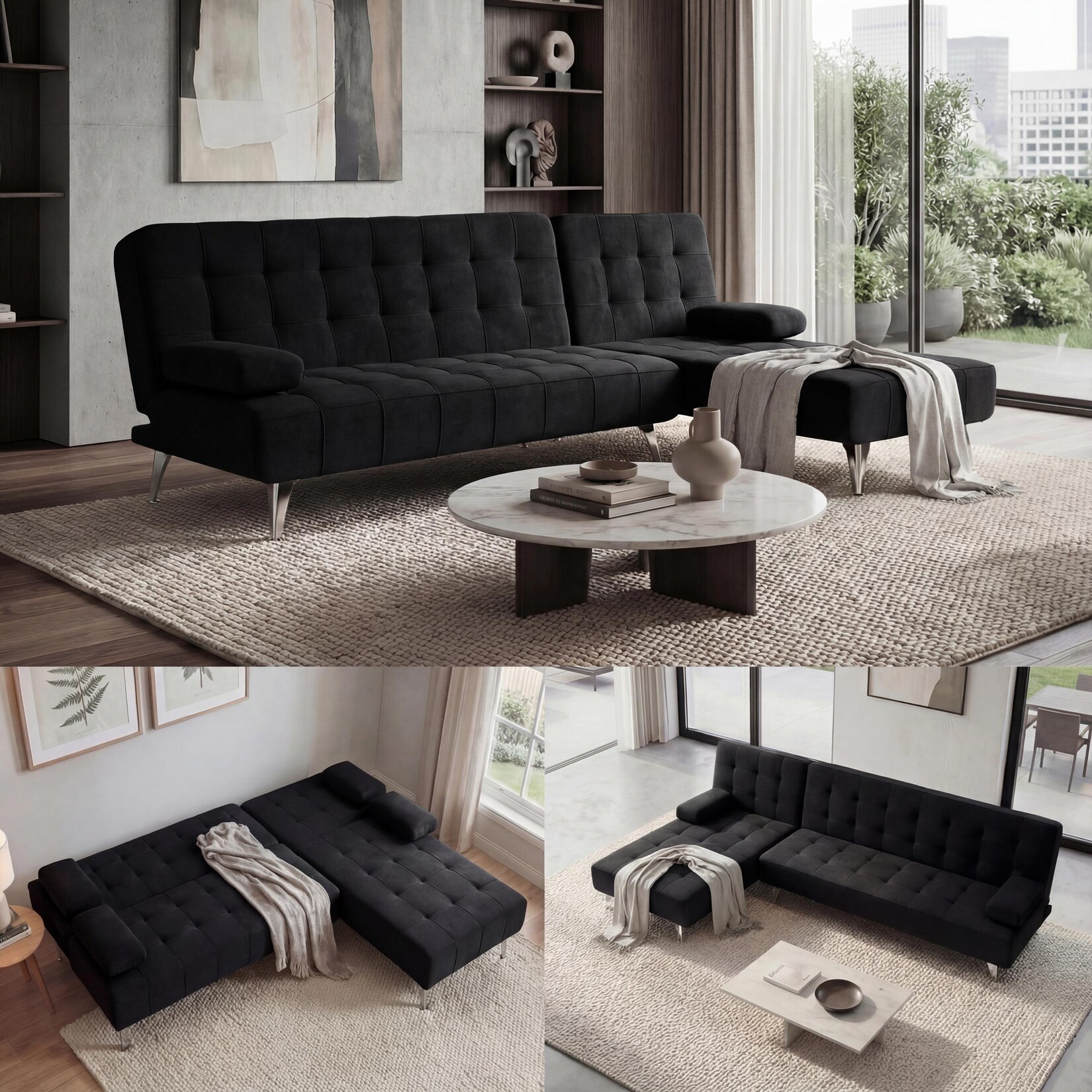 Schlafsofa MCW-K22, Couch Ecksofa Sofa, Liegefläche links/rechts Schlaffunktion 236cm ~ Samt schwarz