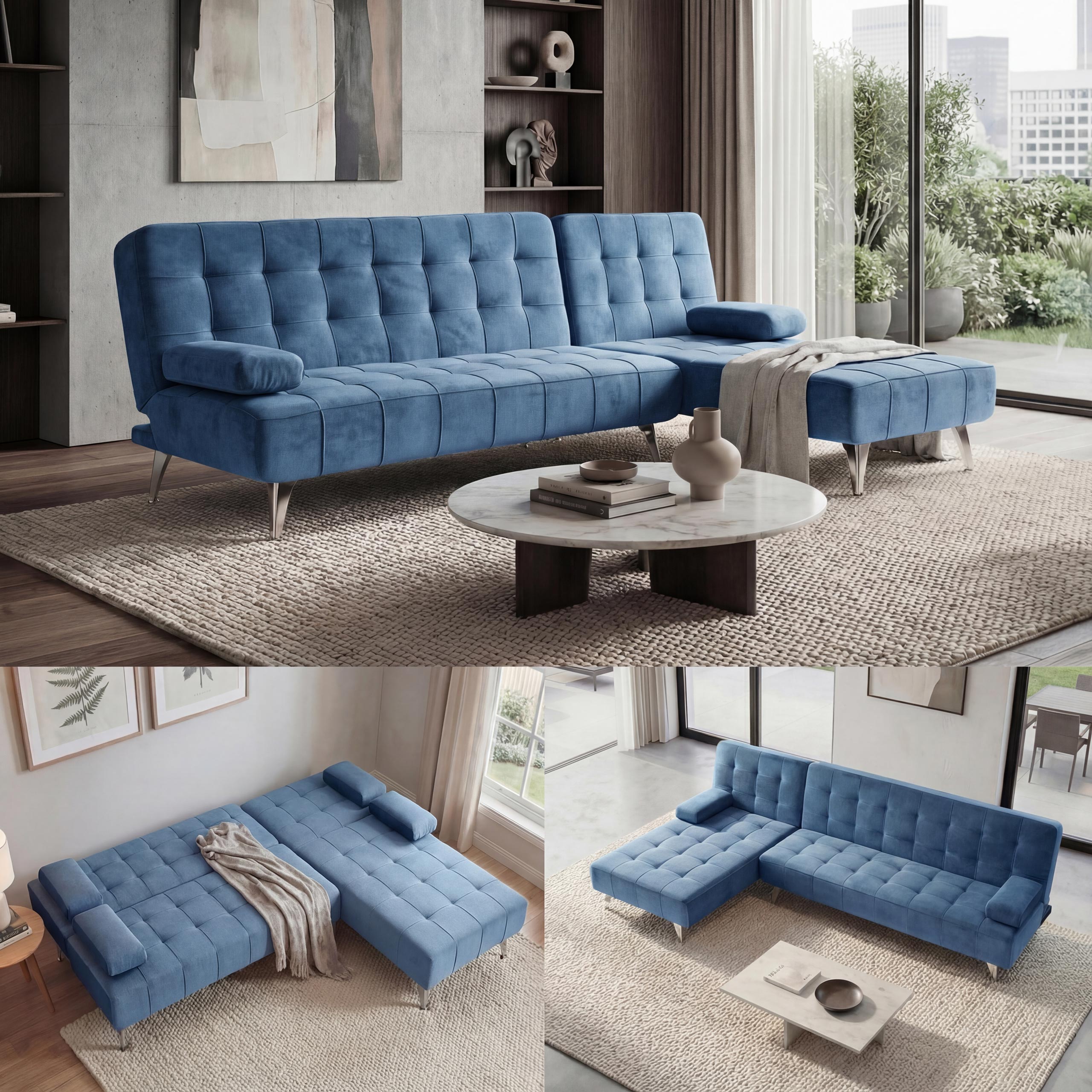 Schlafsofa MCW-K22, Couch Ecksofa Sofa, Liegefl&auml;che links/rechts Schlaffunktion 236cm ~ Samt blau - Bild 1