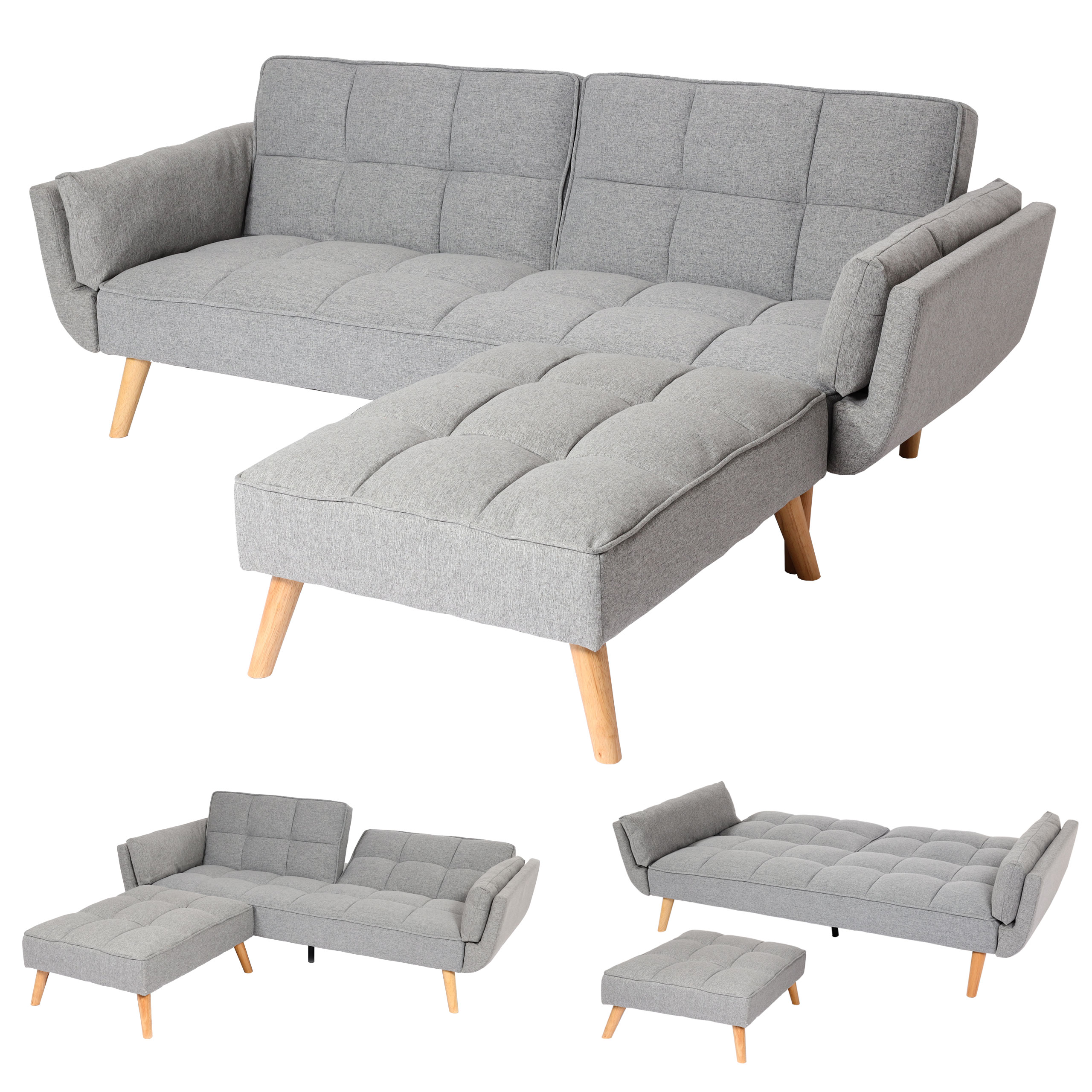 Schlafsofa MCW-K18 mit Ottomane, Couch Sofa G&auml;stebett, Schlaffunktion 218x175cm ~ Stoff/Textil hellgrau - Bild 1