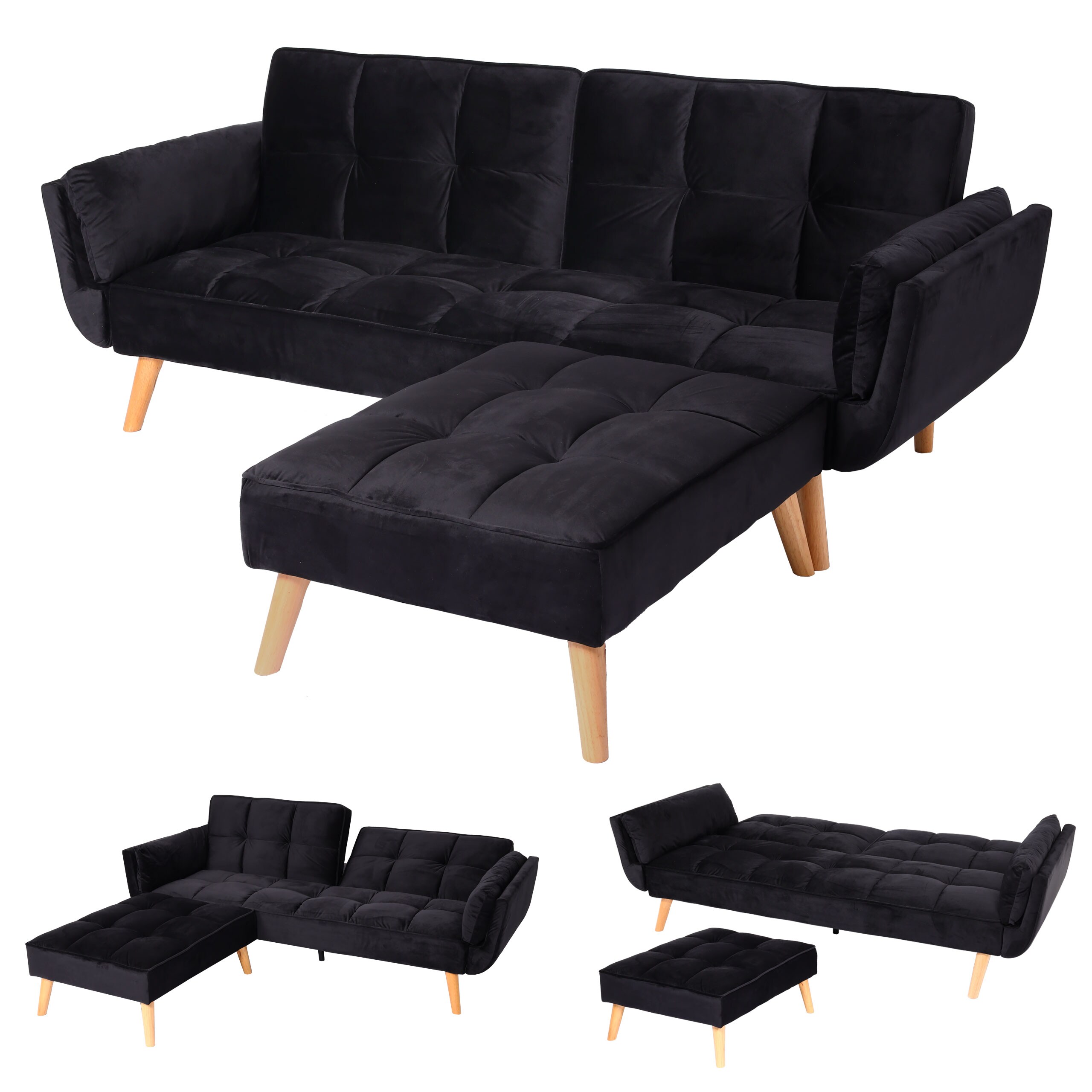 Schlafsofa MCW-K18 mit Ottomane, Couch Sofa G&auml;stebett, Schlaffunktion 218x175cm ~ Samt schwarz - Bild 1