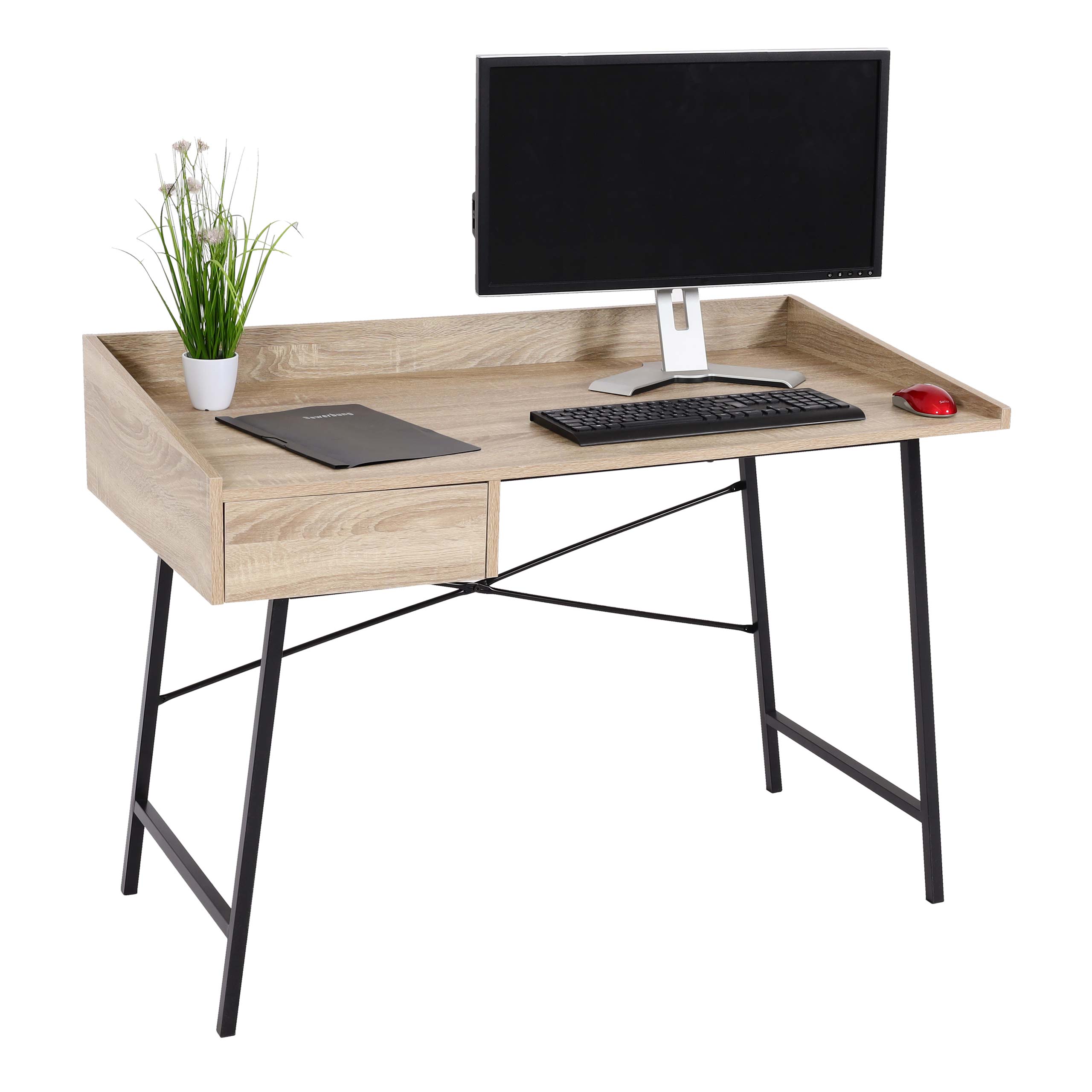 Schreibtisch MCW-J97, B&uuml;rotisch Computertisch, Schublade 3D-Struktur 98x114x60cm MVG-zertifiziert ~ Eiche-Optik - Bild 1