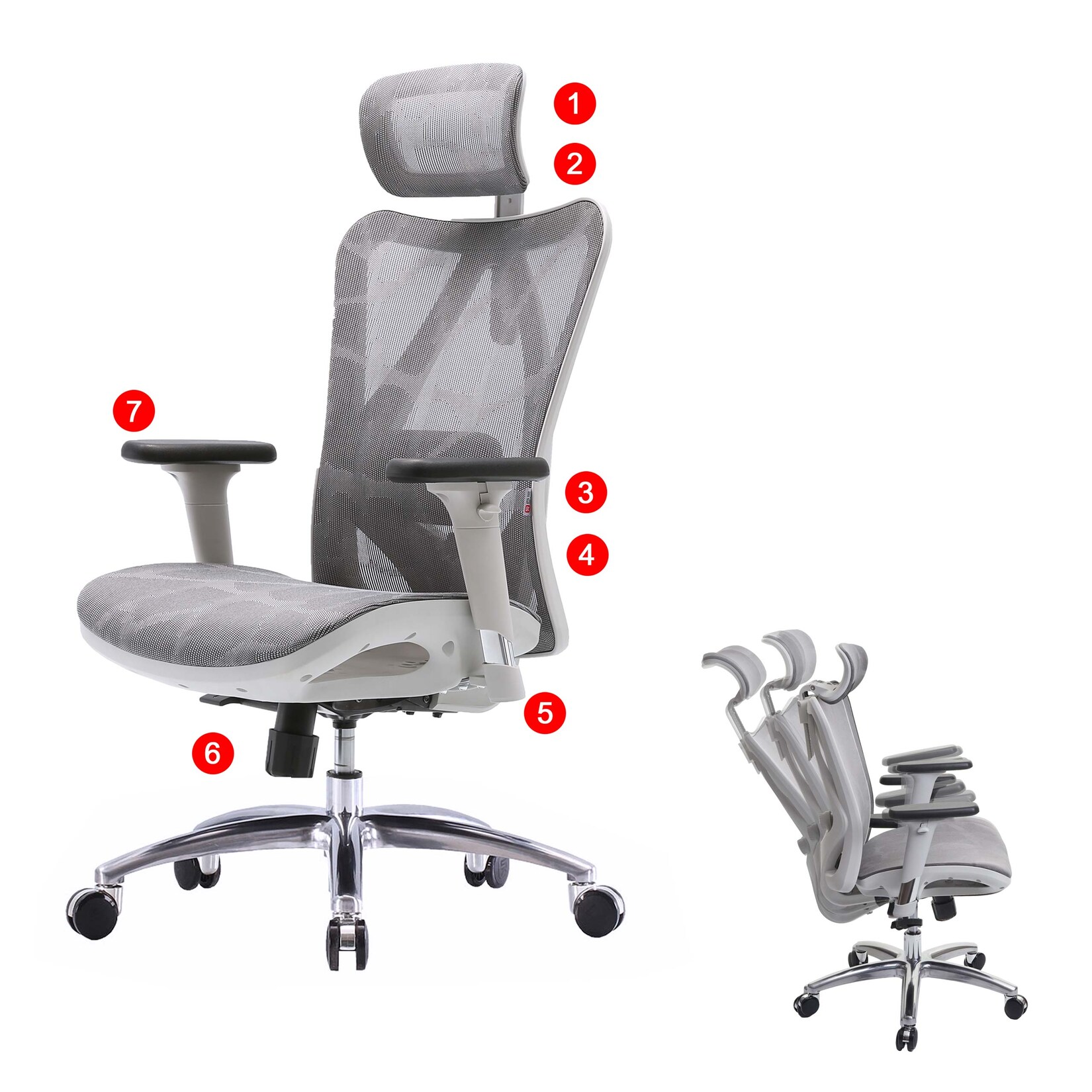 SIHOO Bürostuhl Schreibtischstuhl, ergonomisch, verstellbare Armlehne, 150kg belastbar ~ Bezug grau, Gestell weiß