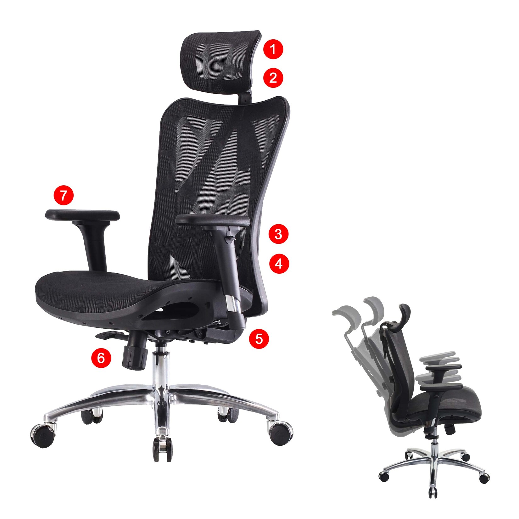 SIHOO Bürostuhl Schreibtischstuhl, ergonomisch, verstellbare Armlehne, 150kg belastbar ~ Bezug schwarz, Gestell schwarz