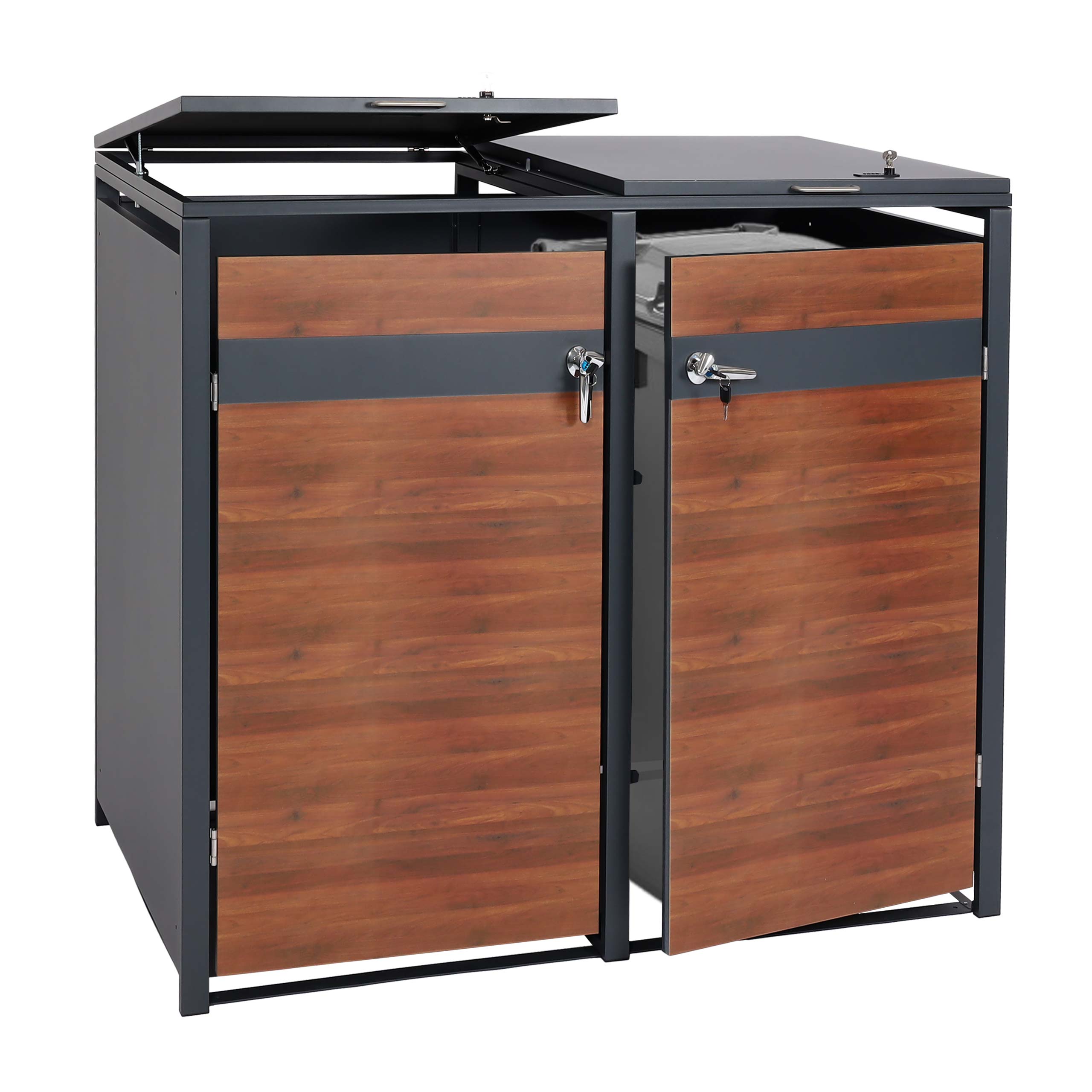 2er M&uuml;lltonnenverkleidung MCW-J82, M&uuml;lltonnenbox, erweiterbar, Metall 50kg, anthrazit~ Kirsche-Holzoptik dunkelbraun - Bild 1