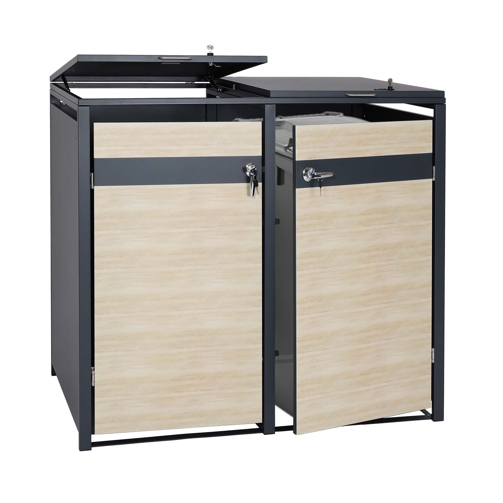 2er Mülltonnenverkleidung MCW-J82, Mülltonnenbox, erweiterbar, Metall 50kg, anthrazit ~ Buche-Holzoptik hellbraun