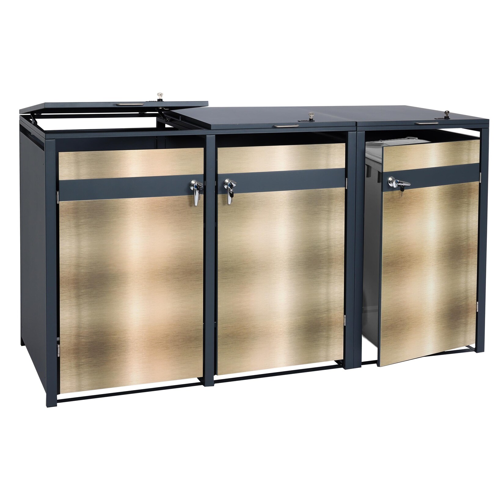 3er Mülltonnenverkleidung MCW-J82, Mülltonnenbox, erweiterbar, Metall 80kg, anthrazit ~ gold | 04057651535135