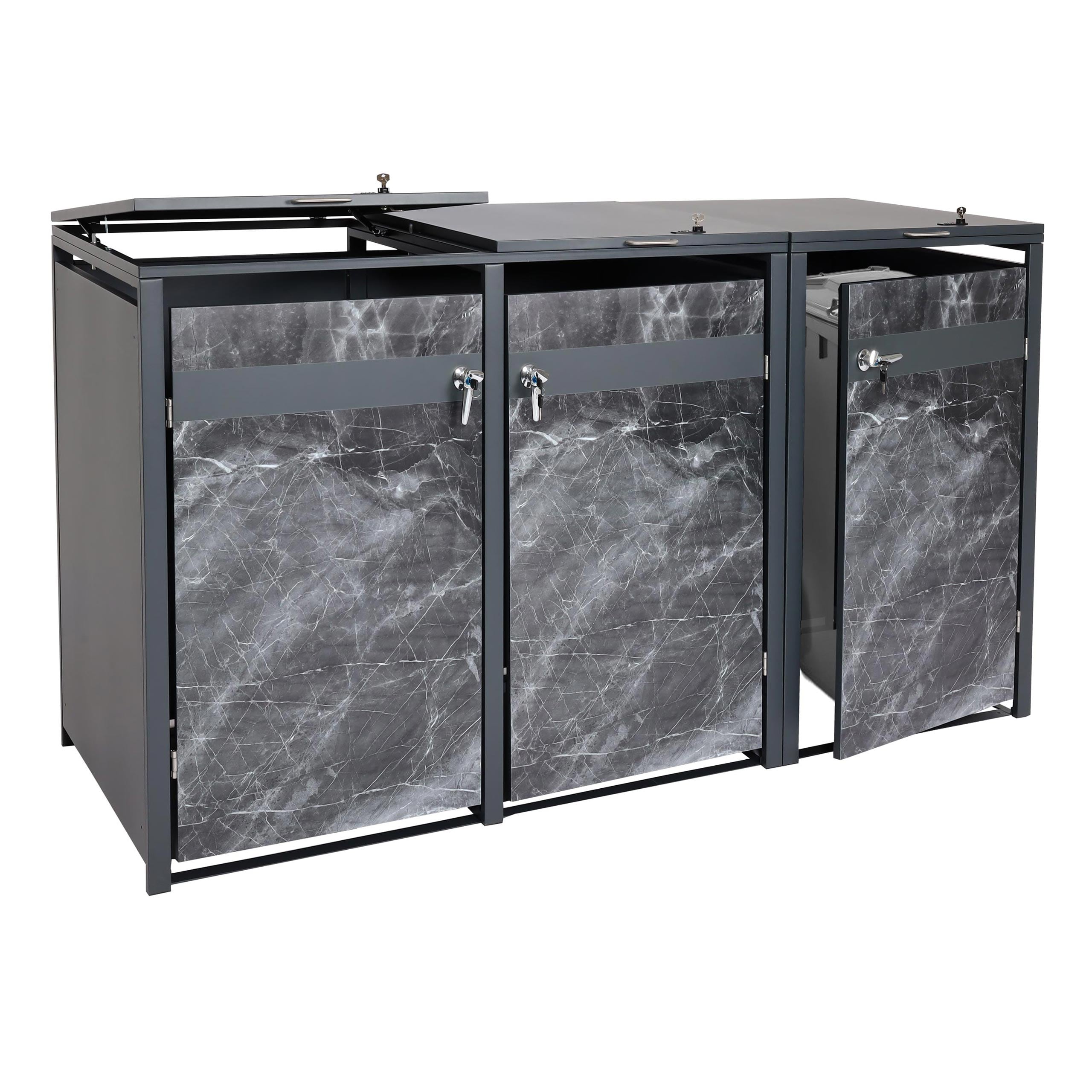 3er M&uuml;lltonnenverkleidung MCW-J82, M&uuml;lltonnenbox, erweiterbar, Metall 80kg, anthrazit ~ Marmor-Optik dunkel - Bild 1