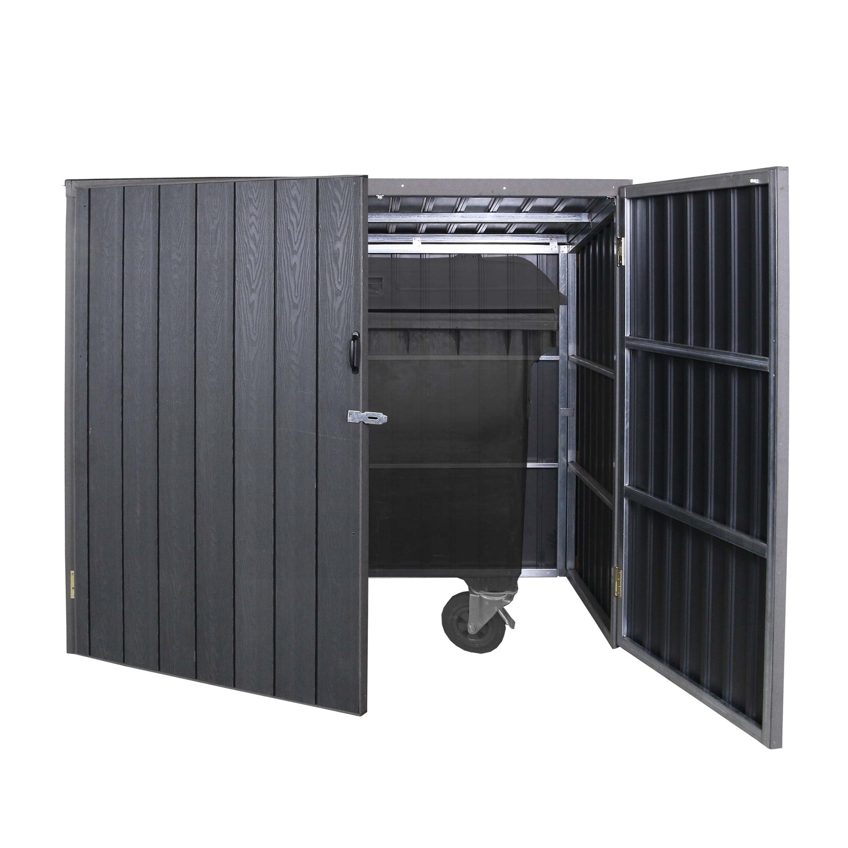 Mülltonnenverkleidung MCW-J29, Mülltonnenbox für Müllcontainer 660-1100L, WPC Metall 172x213x160cm ~ grau | 04057651824765