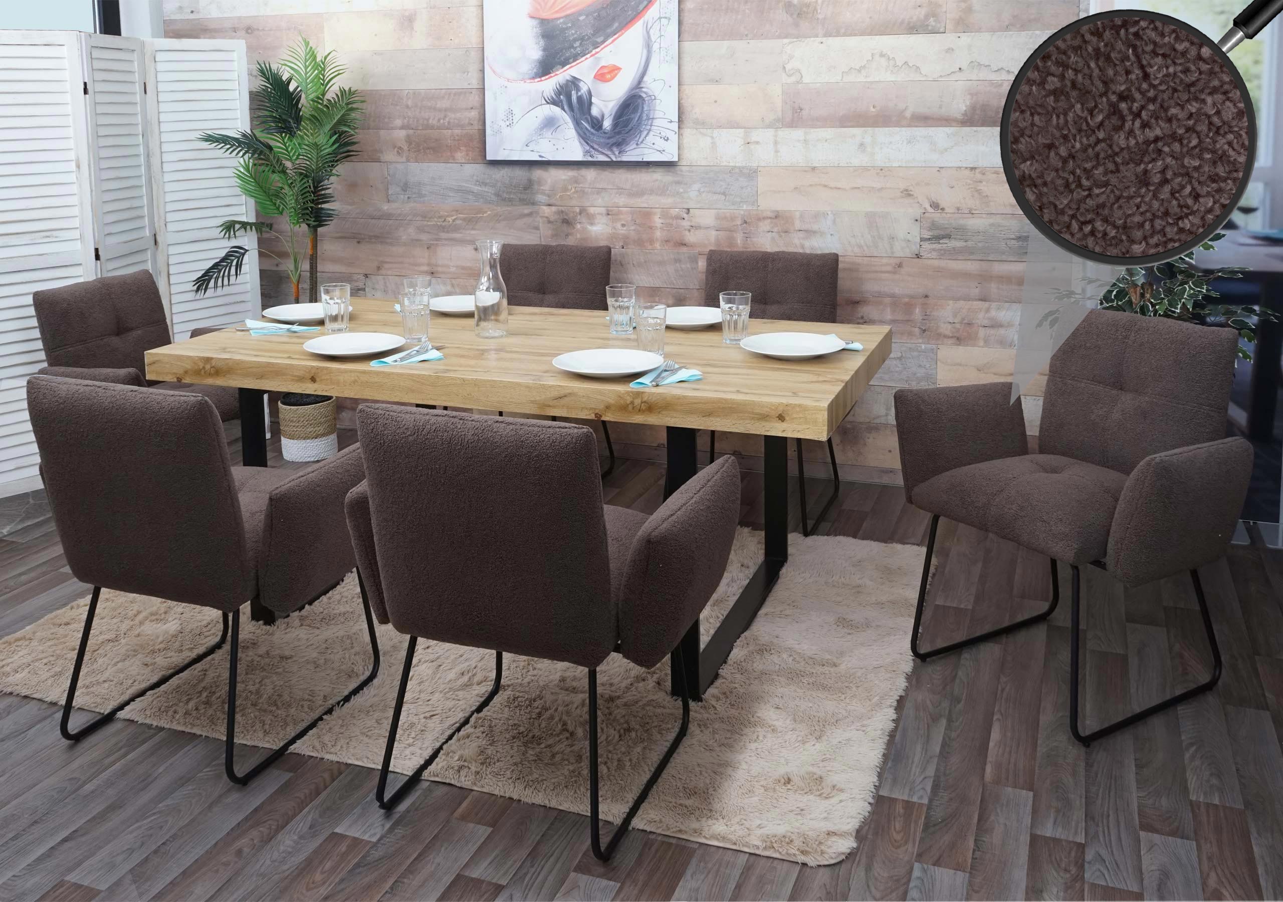 2er-Set Esszimmerstuhl MCW-K34, K&uuml;chenstuhl Polsterstuhl Stuhl Armlehne, &Ouml;ko-Tex Boucl&eacute; Stoff/Textil Metall MVG ~ braun - Bild 1