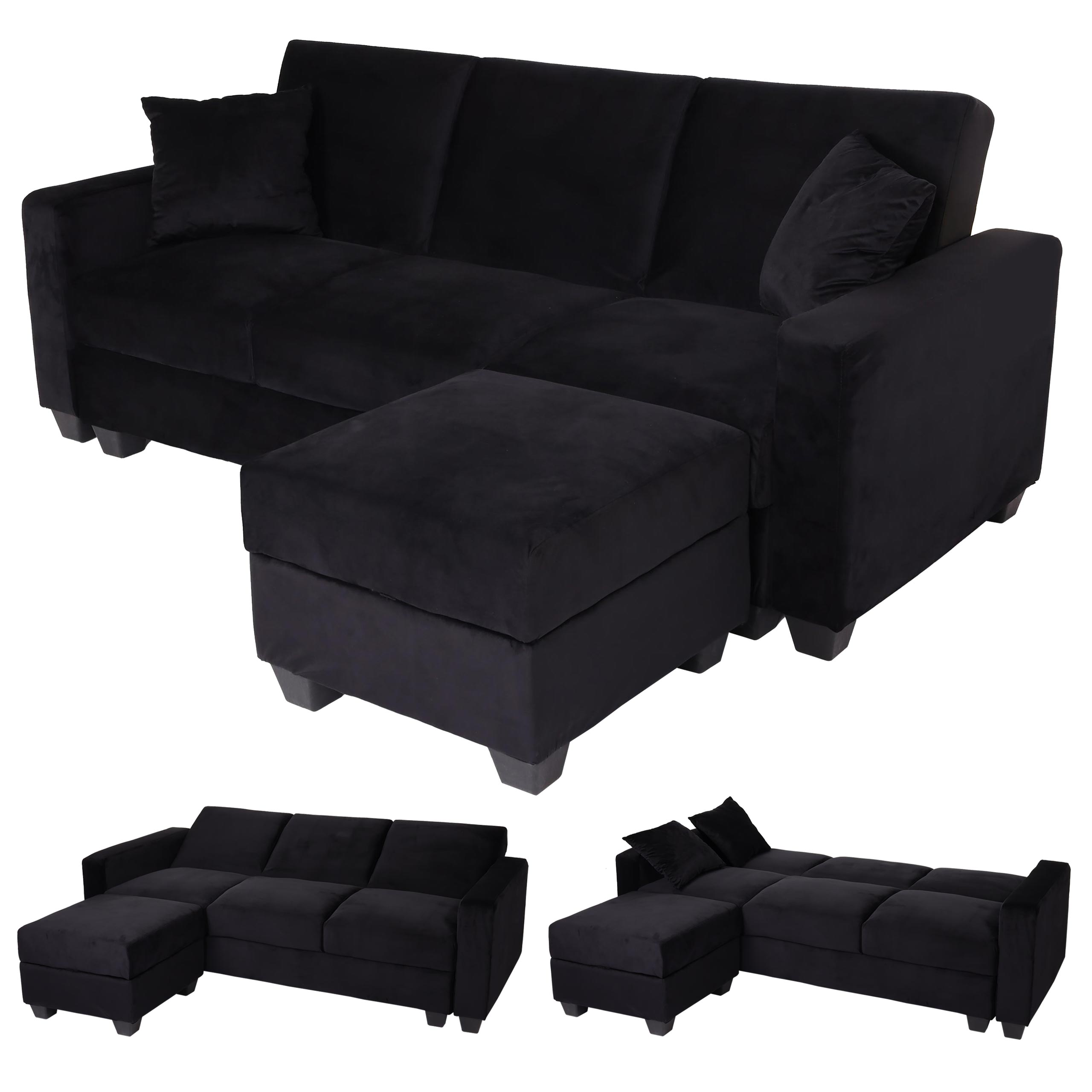 Sofa MCW-H47 mit Ottomane, Couch Sofa G&auml;stebett, Schlaffunktion Stauraum 217x145cm ~ Samt schwarz - Bild 1