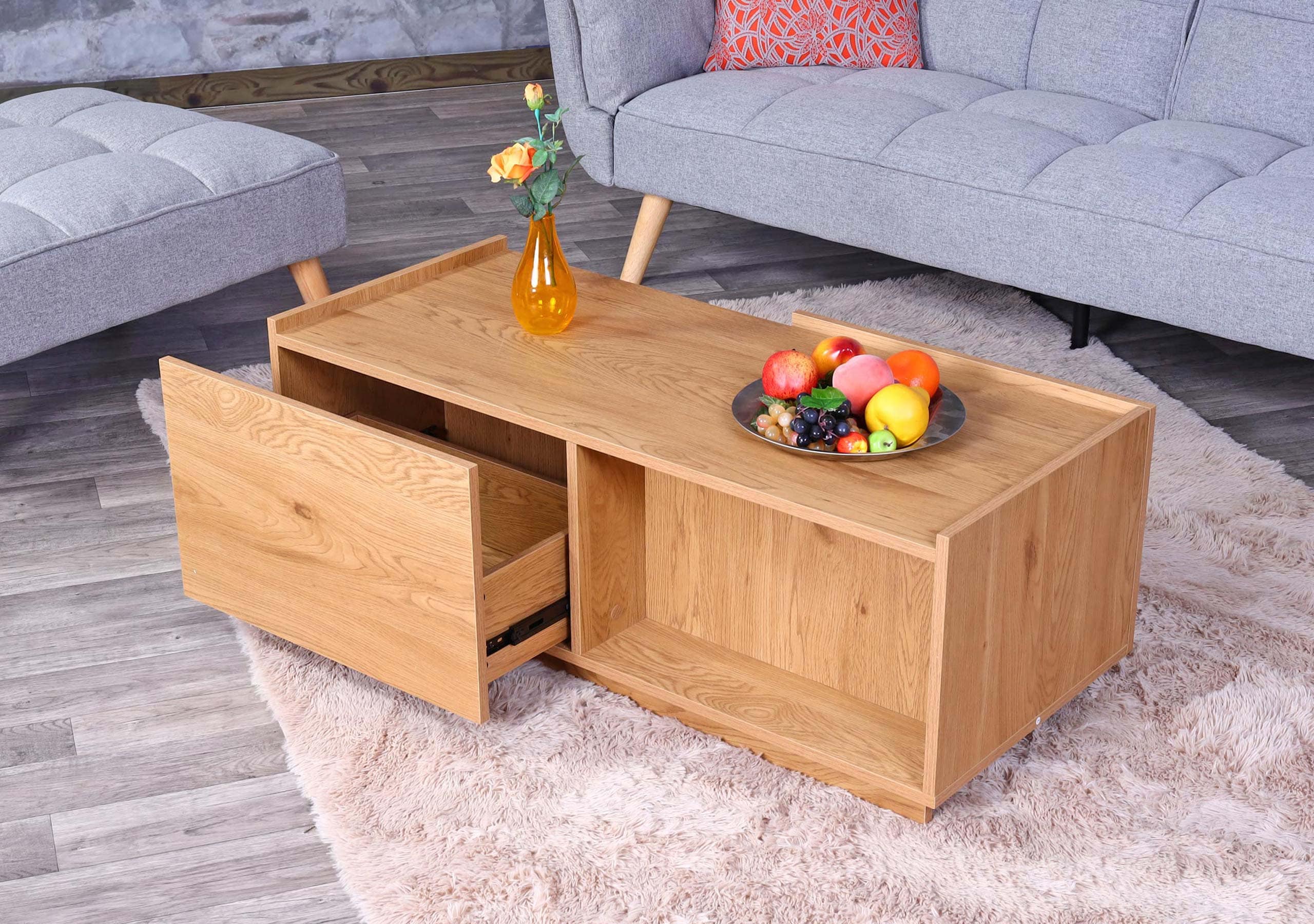 Couchtisch MCW-J78, Wohnzimmertisch Beistelltisch Sofatisch, Schublade, MDF 110x50x40cm ~ Eiche-Optik - Bild 1