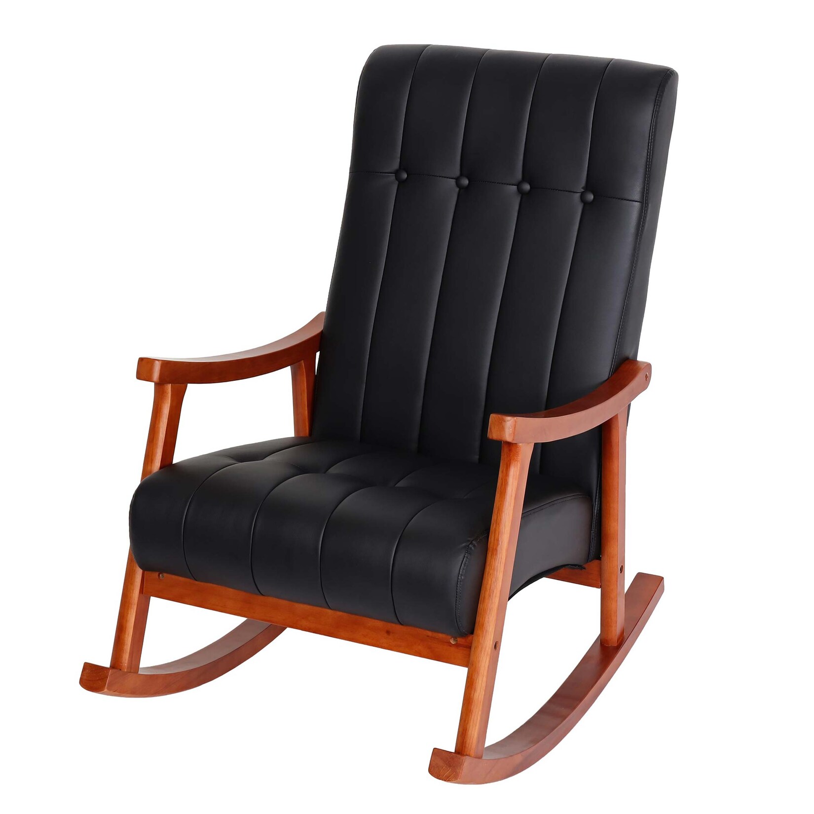 Schaukelstuhl MCW-K10, Schaukelsessel Schwingstuhl Relaxsessel MVG ~ Kunstleder schwarz, Gestell Walnuss-Optik