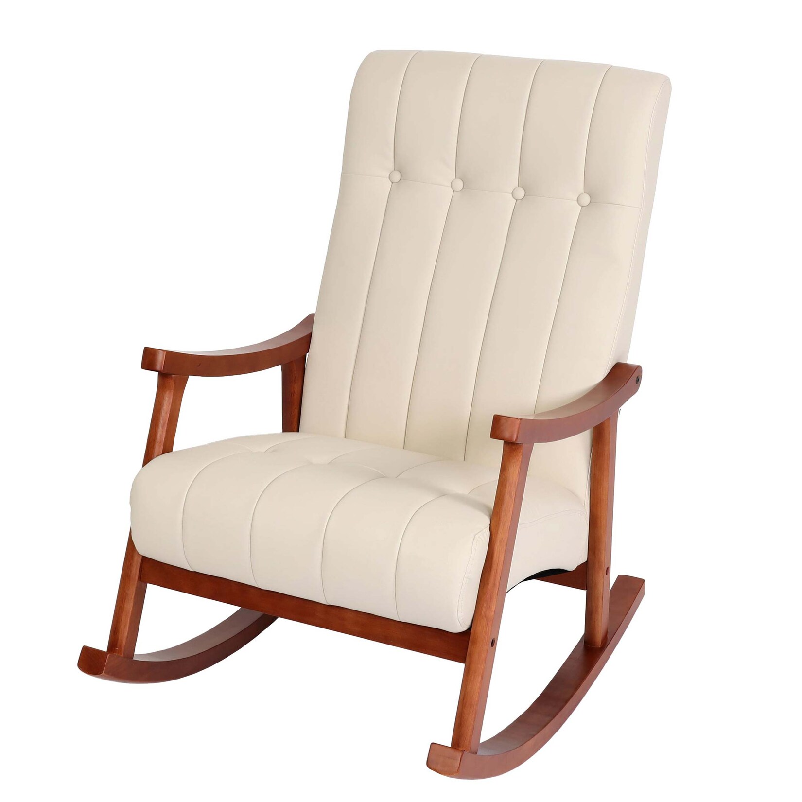 Schaukelstuhl MCW-K10, Schaukelsessel Schwingstuhl Relaxsessel MVG ~ Kunstleder creme, Gestell Walnuss-Optik