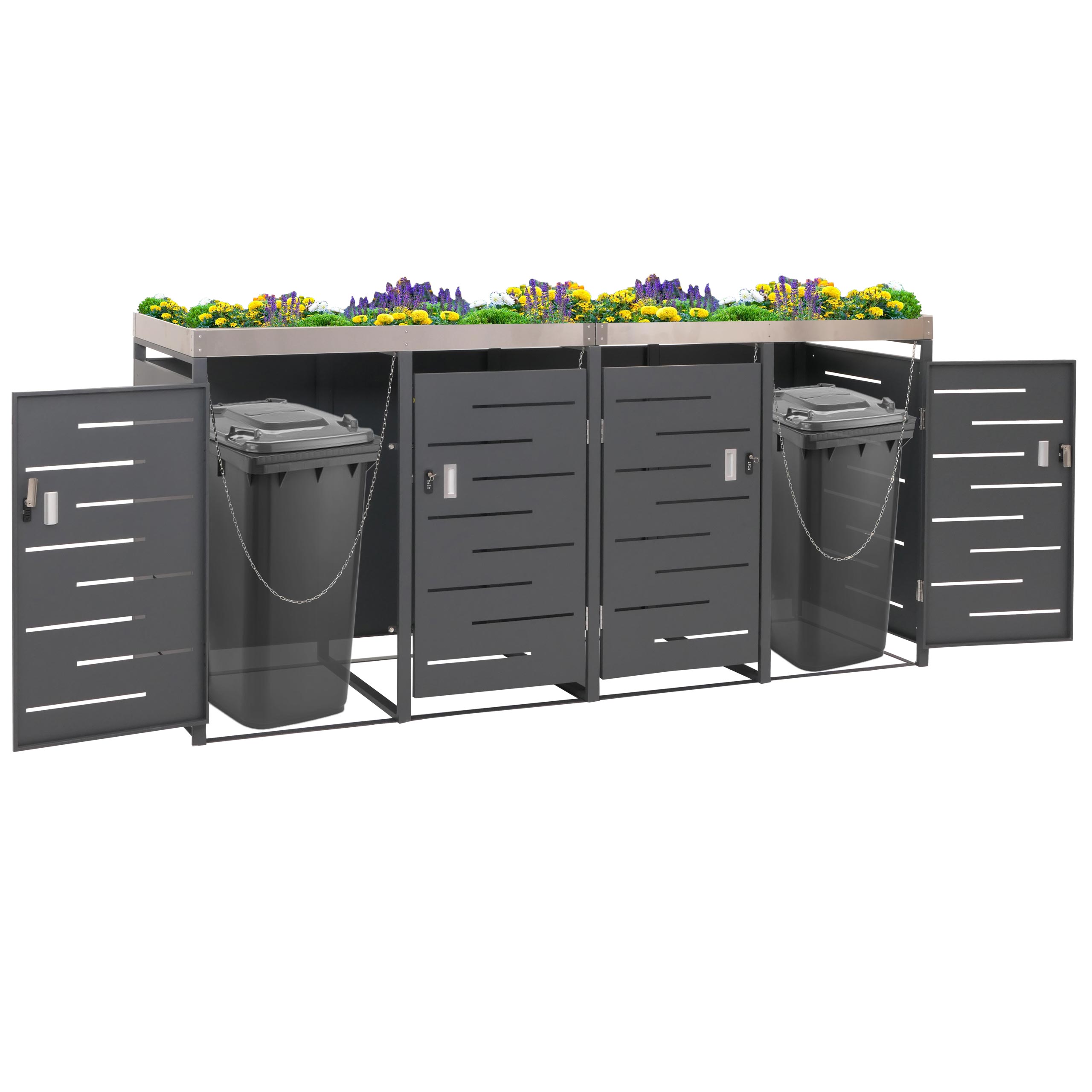 4er-M&uuml;lltonnenverkleidung MCW-H40, M&uuml;lltonnenbox, Pflanzkasten Edelstahl-Metall-Kombi 92kg 125x264x84cm erweiterbar - Bild 1