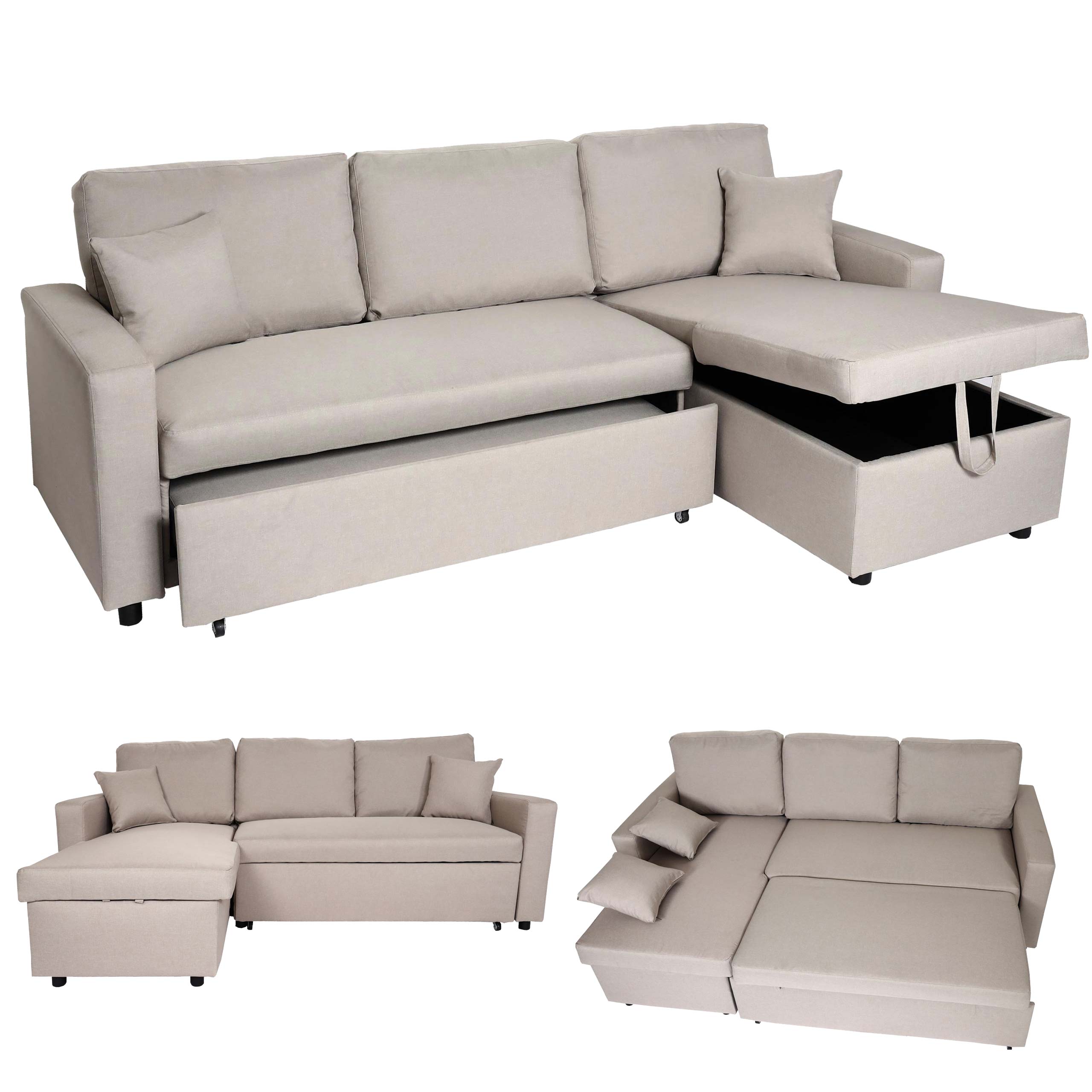 Ecksofa mit Bettkasten MCW-L17, Couch Sofa L-Form, Liegefl&auml;che Nosagfederung 228cm ~ beige - Bild 1
