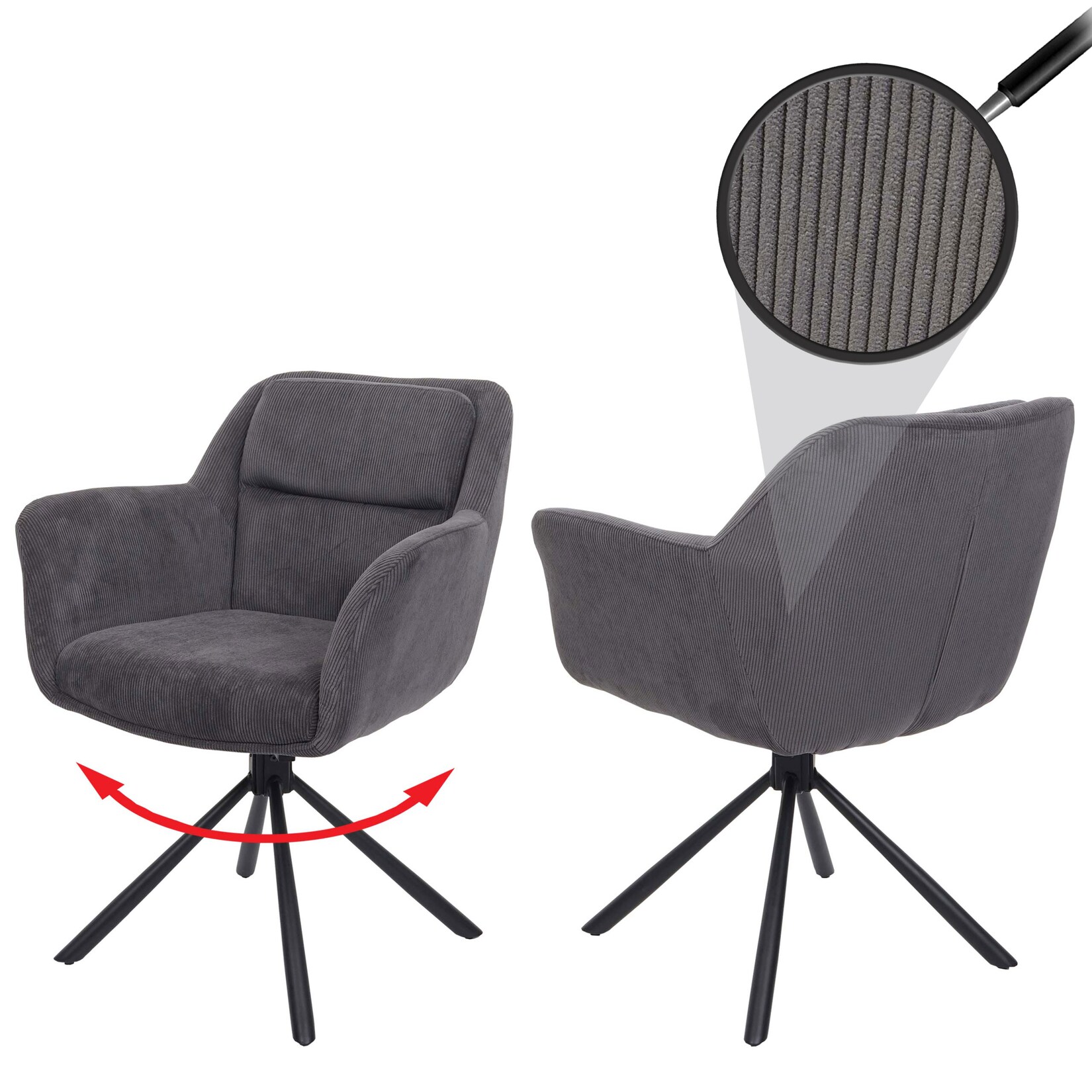 2er-Set Esszimmerstuhl MCW-K33, Küchenstuhl Stuhl, drehbar Auto-Position, Stoff MVG ~ Kord-grau