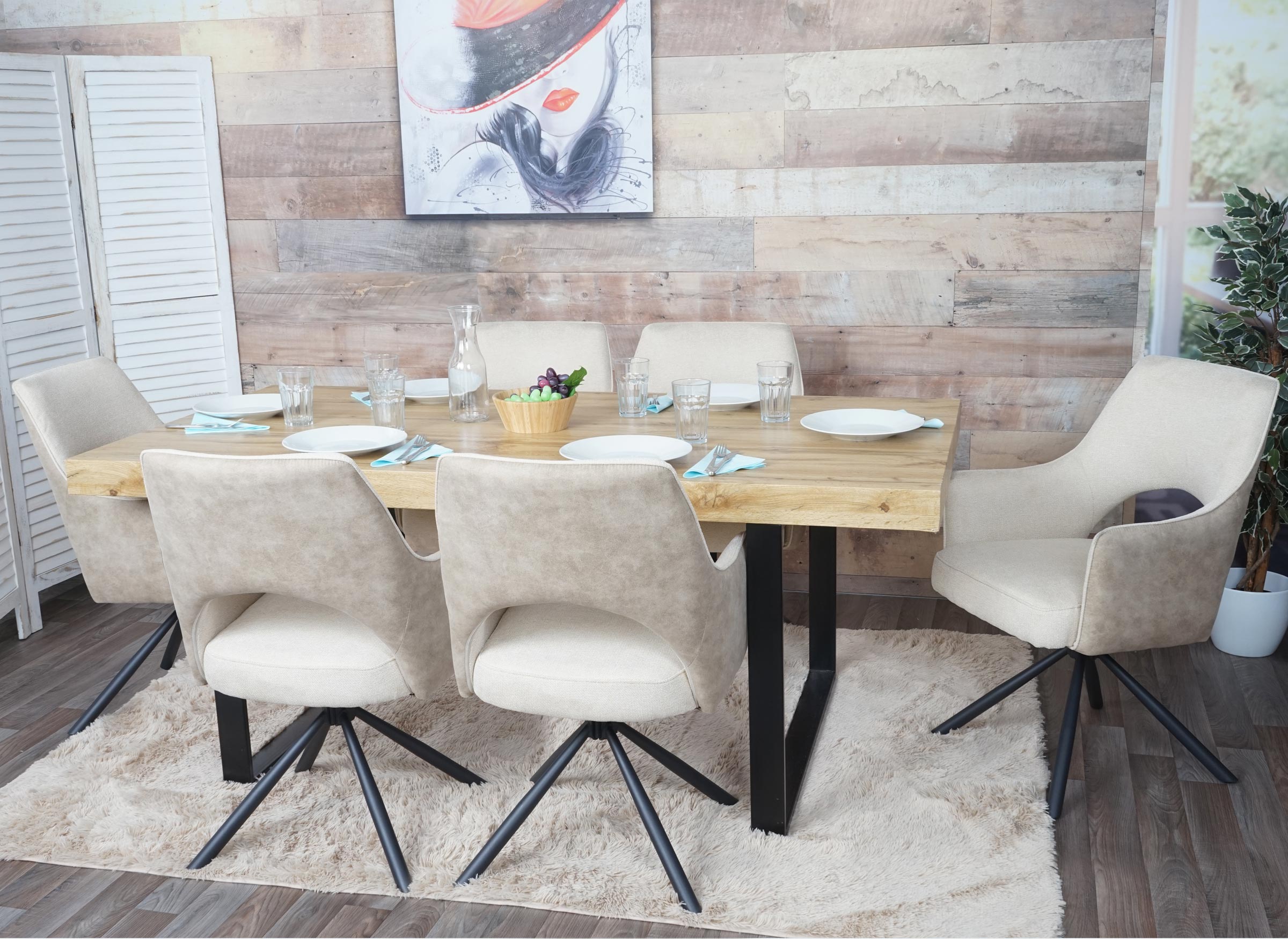 6er-Set Esszimmerstuhl MCW-K30, K&uuml;chenstuhl Lehnstuhl, drehbar Auto-Position, Stoff/Textil MVG ~ creme - Bild 1