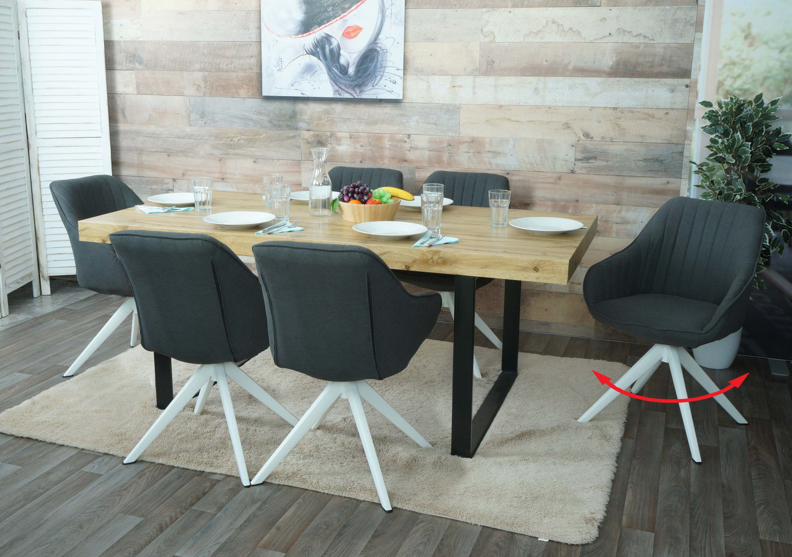 6er-Set Esszimmerstuhl MCW-K27, K&uuml;chenstuhl Stuhl mit Armlehne, drehbar Stoff/Textil ~ dunkelgrau - Bild 1