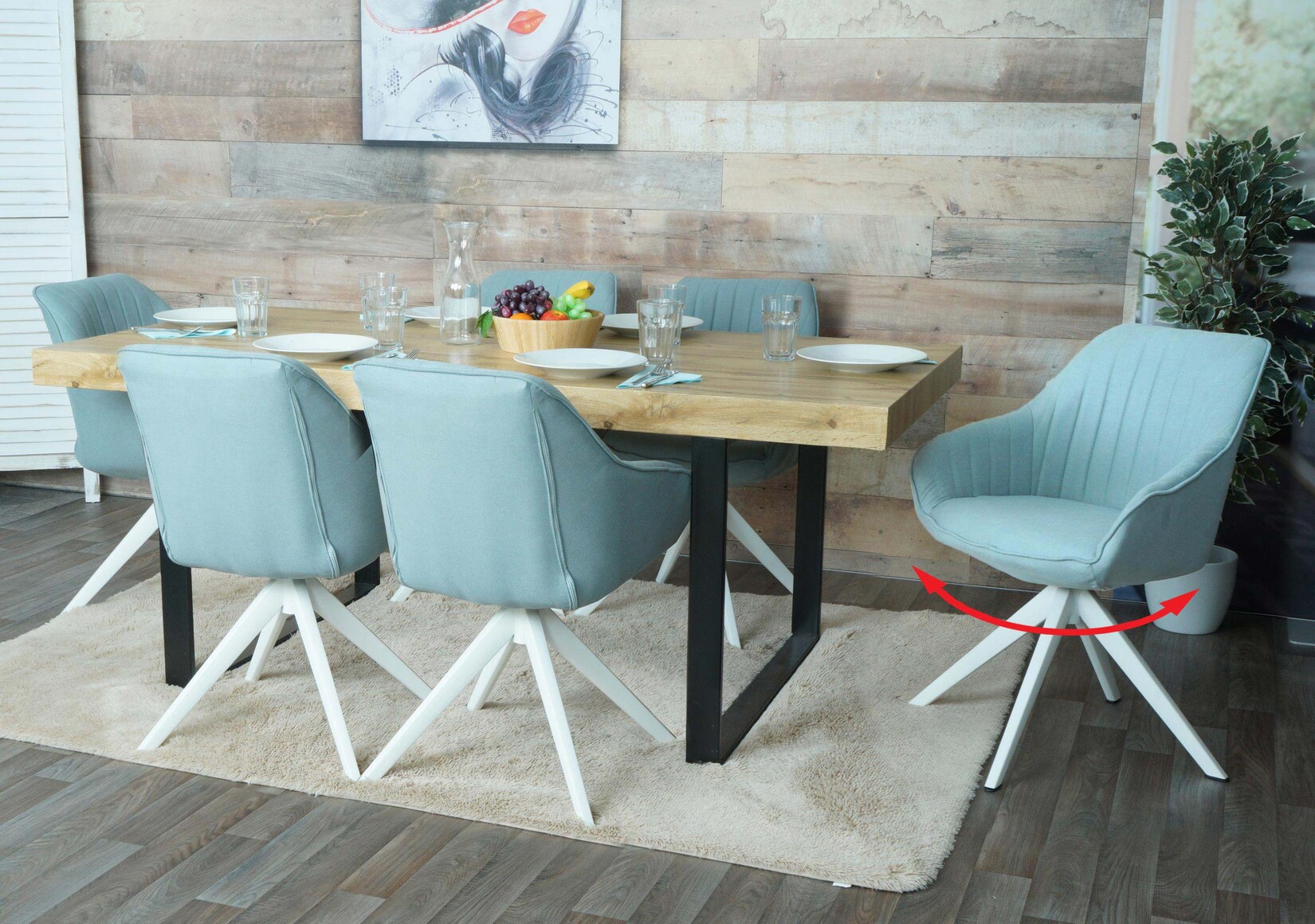 6er-Set Esszimmerstuhl MCW-K27, Küchenstuhl Stuhl mit Armlehne, drehbar Stoff/Textil ~ mint-grün | 04057651614625