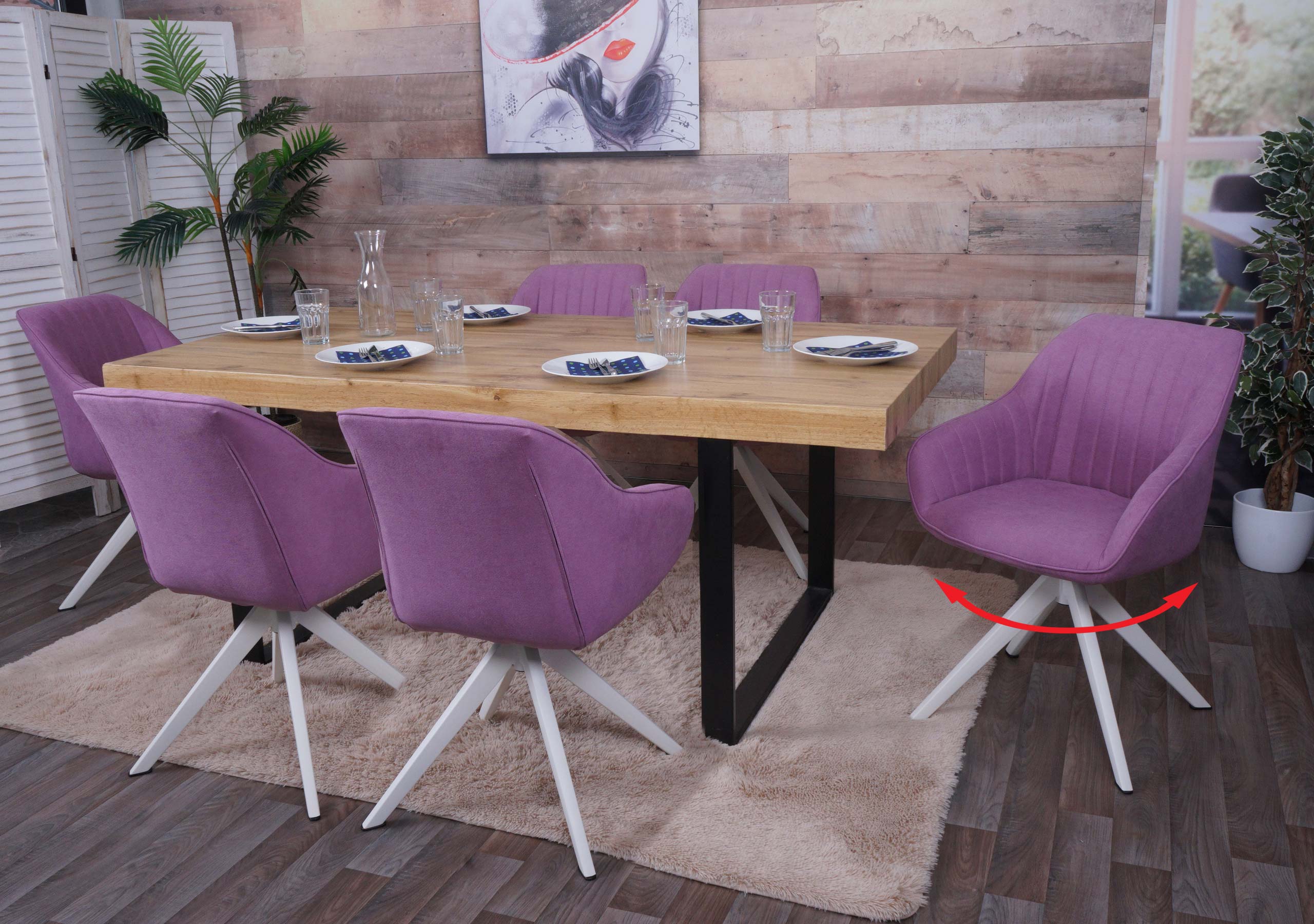 6er-Set Esszimmerstuhl MCW-K27, K&uuml;chenstuhl Stuhl mit Armlehne, drehbar Stoff/Textil ~ lila - Bild 1