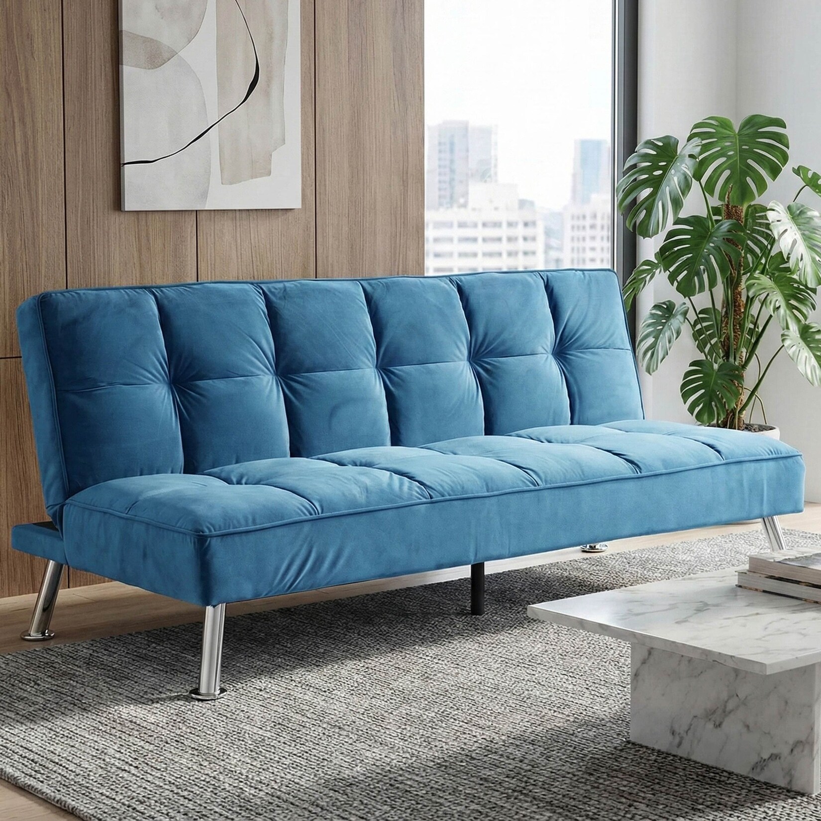 Sofa MCW-K21, Klappsofa Couch Schlafsofa, Nosagfederung Schlaffunktion Liegefläche 181x107cm ~ Samt, blau