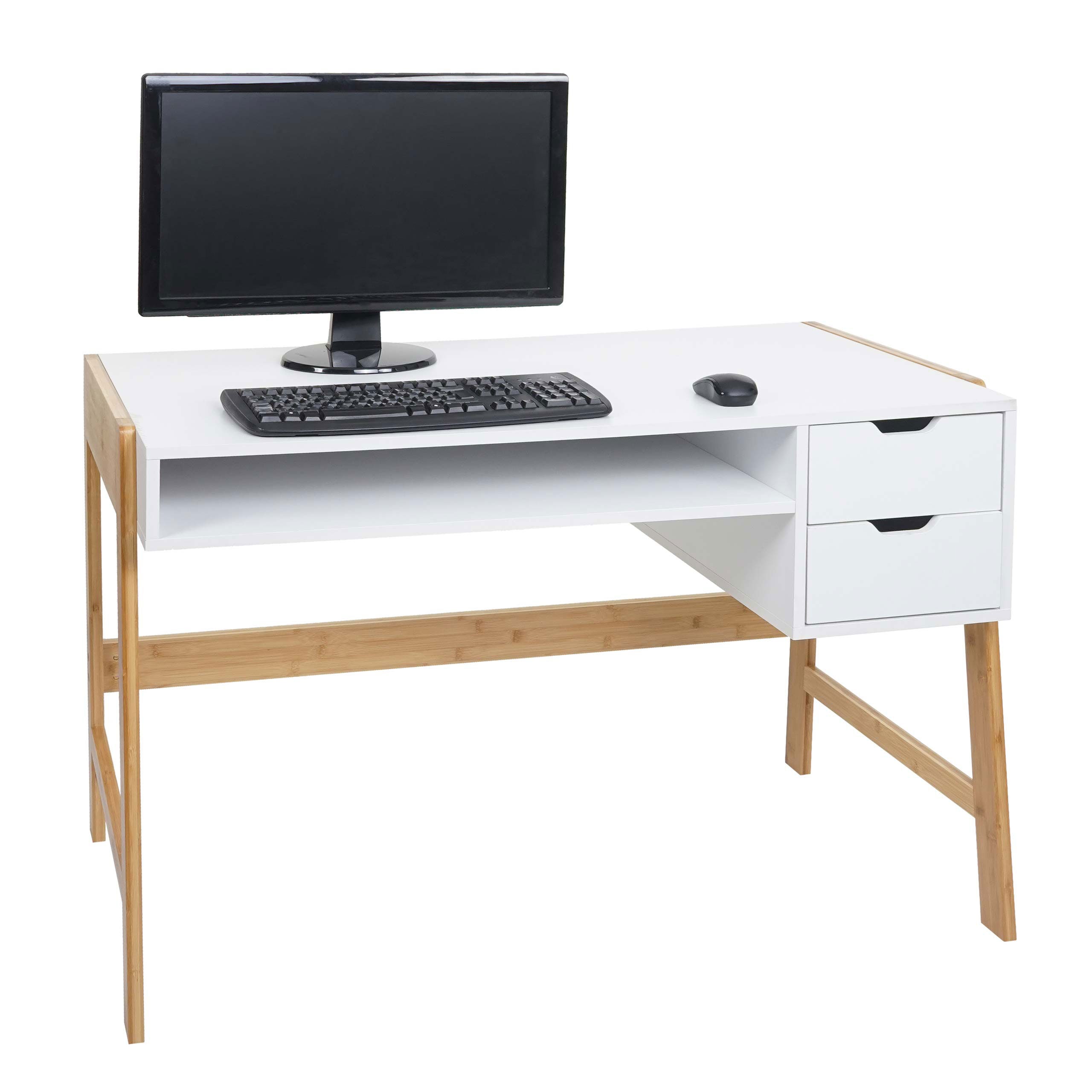 Schreibtisch MCW-K12, B&uuml;rotisch Computertisch Arbeitstisch, Schublade, Bambus 76x115x58cm ~ wei&szlig; - Bild 1