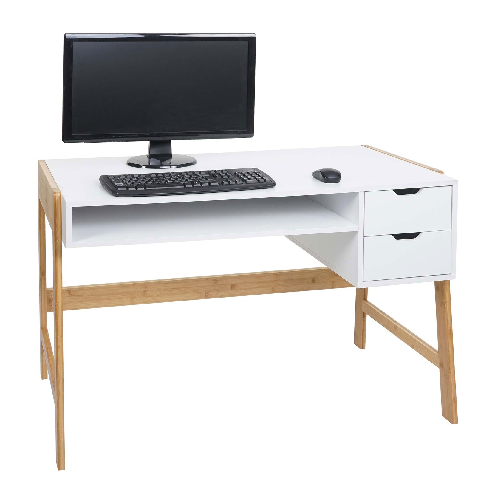 Schreibtisch MCW-K12, Bürotisch Computertisch Arbeitstisch, Schublade, Bambus 76x115x58cm ~ weiß | 04057651537900