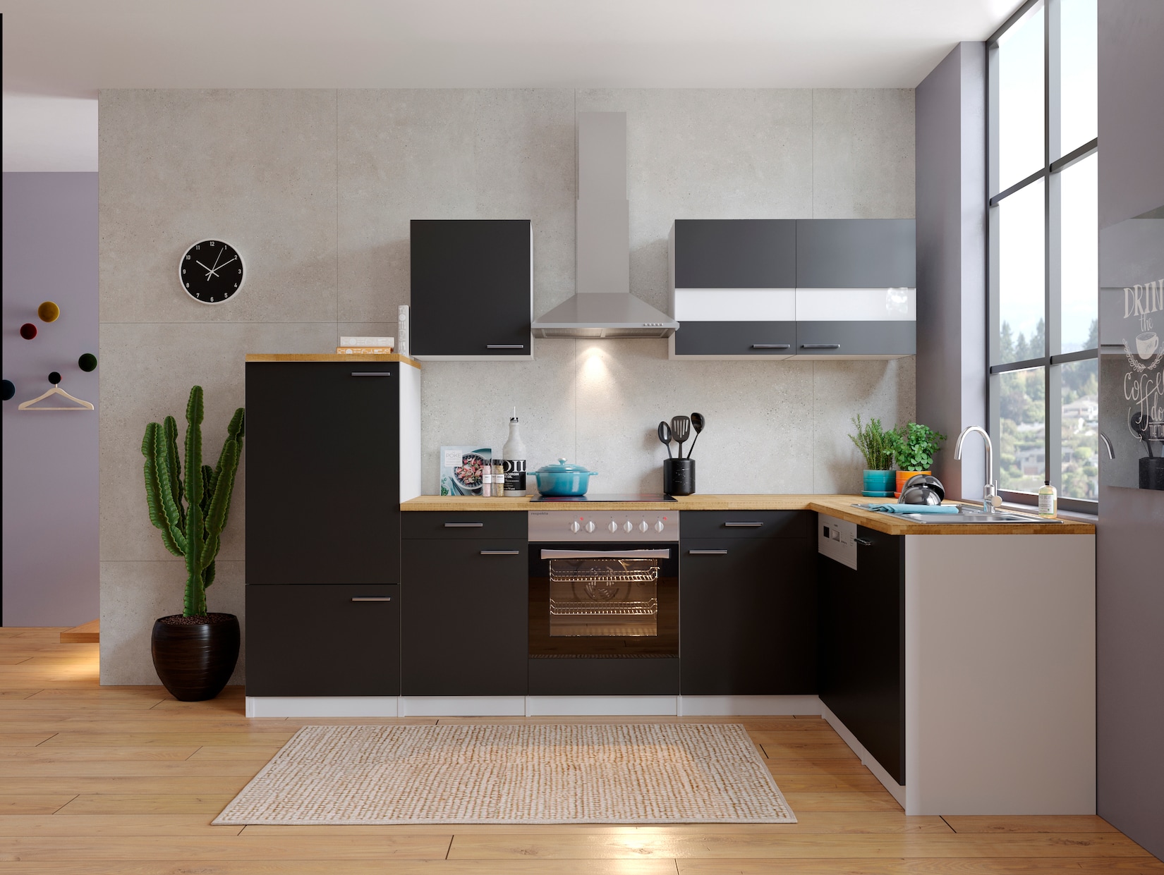 Respekta Winkelküche KBL280WSCG 280 cm Weiß - Schwarz