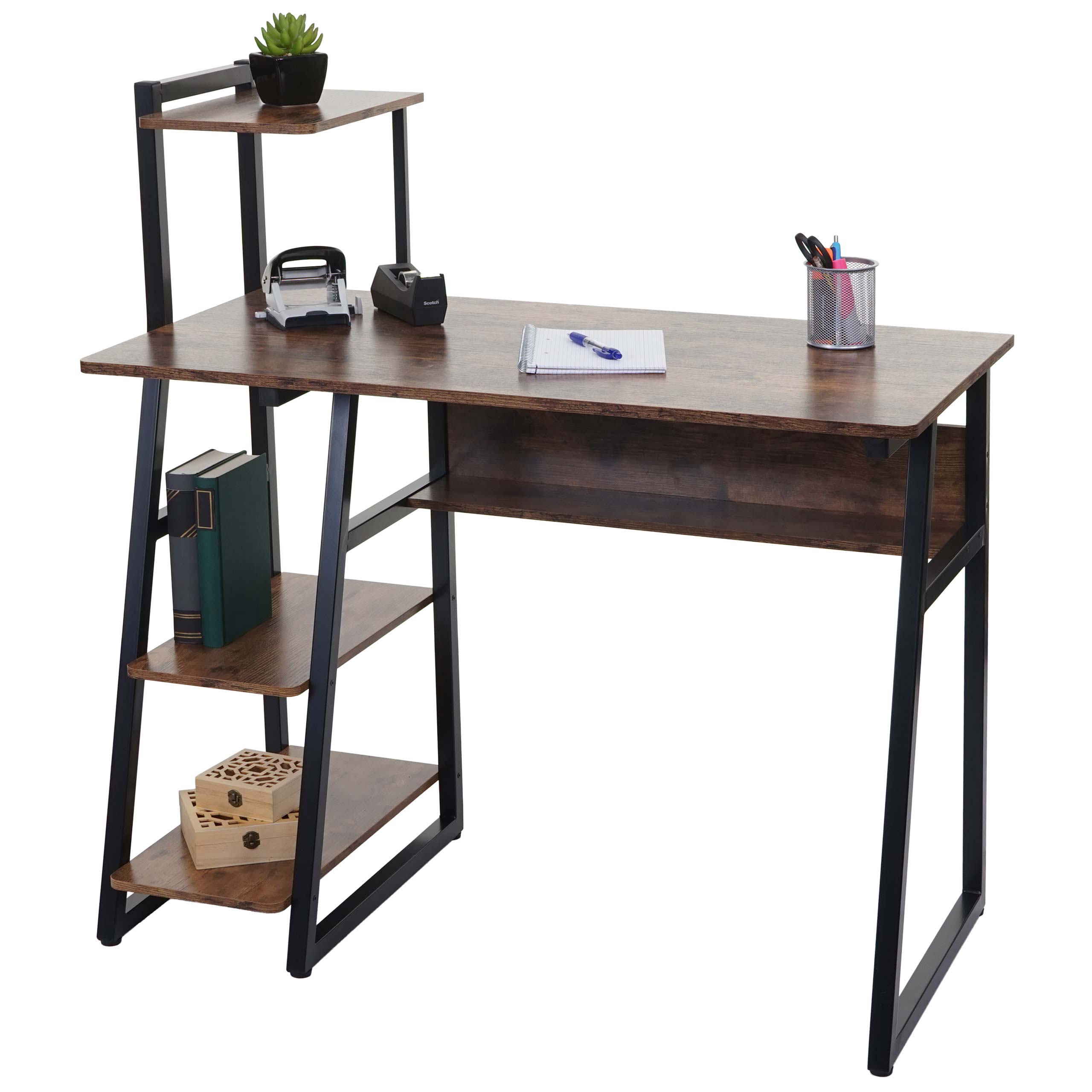 Schreibtisch mit Regal MCW-K68, Laptoptisch B&uuml;rotisch Arbeitstisch, MVG-zertifiziert 100x50cm, Metall MDF ~ braun - Bild 1
