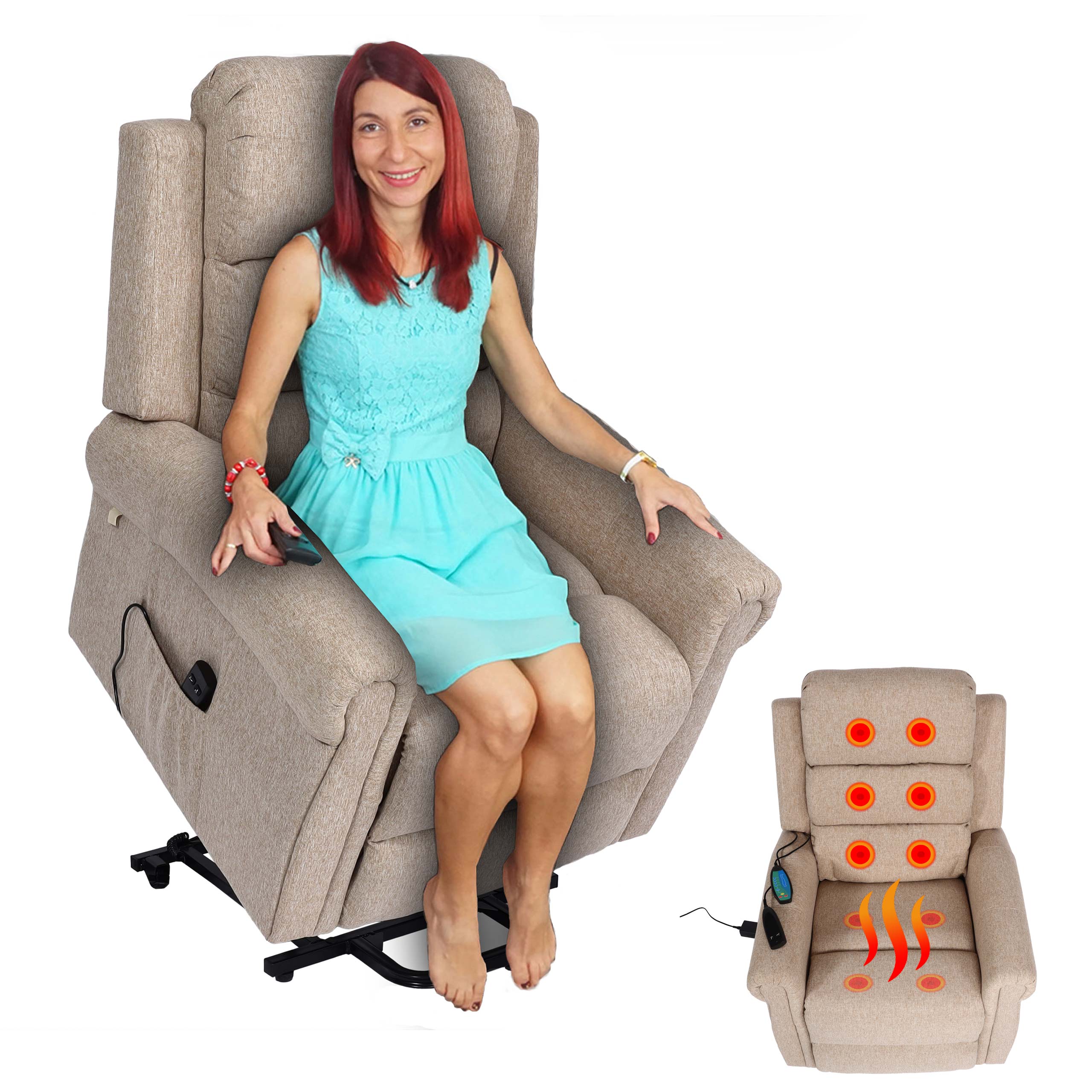 Fernsehsessel MCW-K63, Relaxsessel Sessel, Liegefunktion Aufstehhilfe Massage Heizfunktion, Stoff/Textil ~ beige-braun - Bild 1