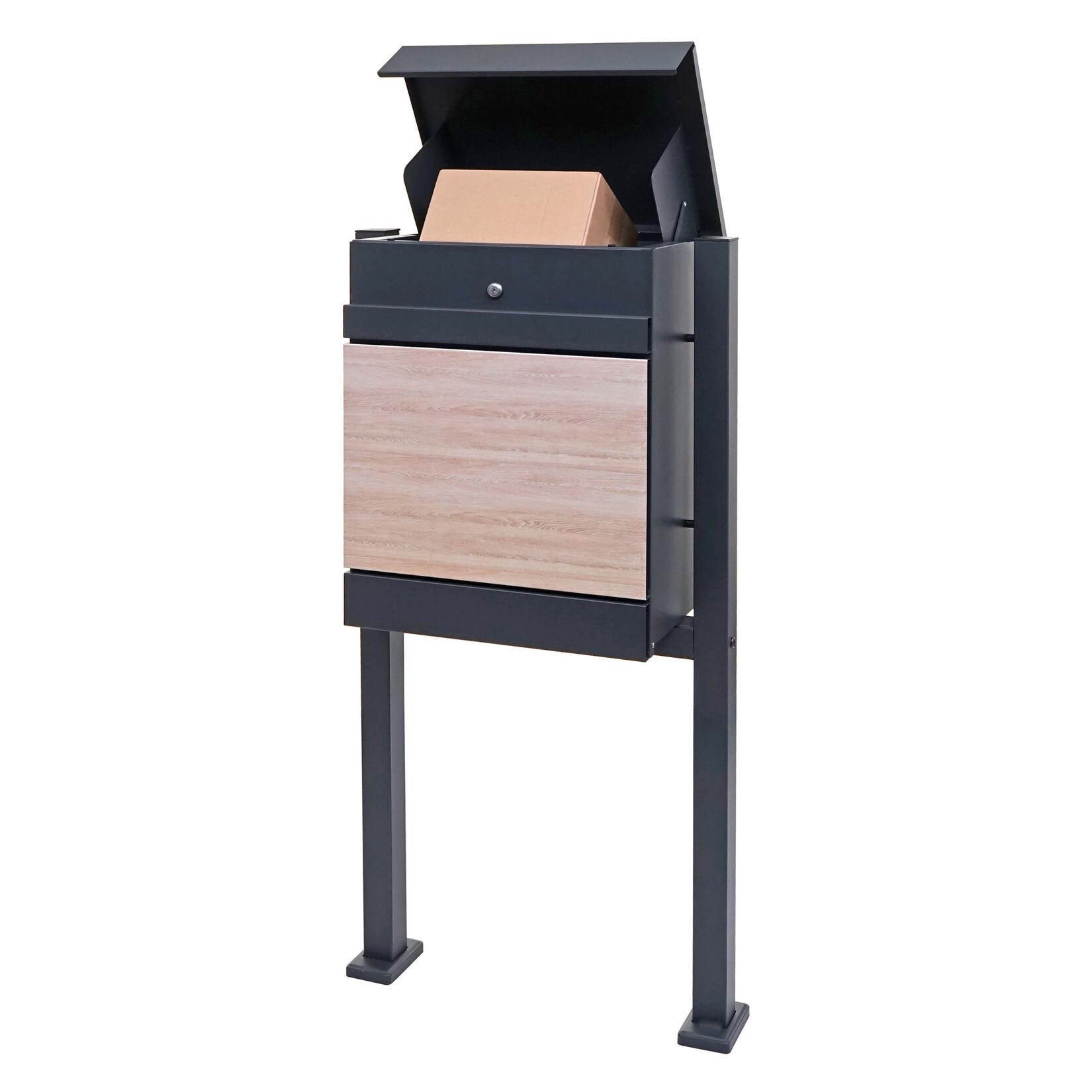 Paketkasten mit Standfuß MCW-K41, Paketbox Paketstation Standbriefkasten, Metall ~ verzinkt anthrazit-Holzoptik | 04057651328782