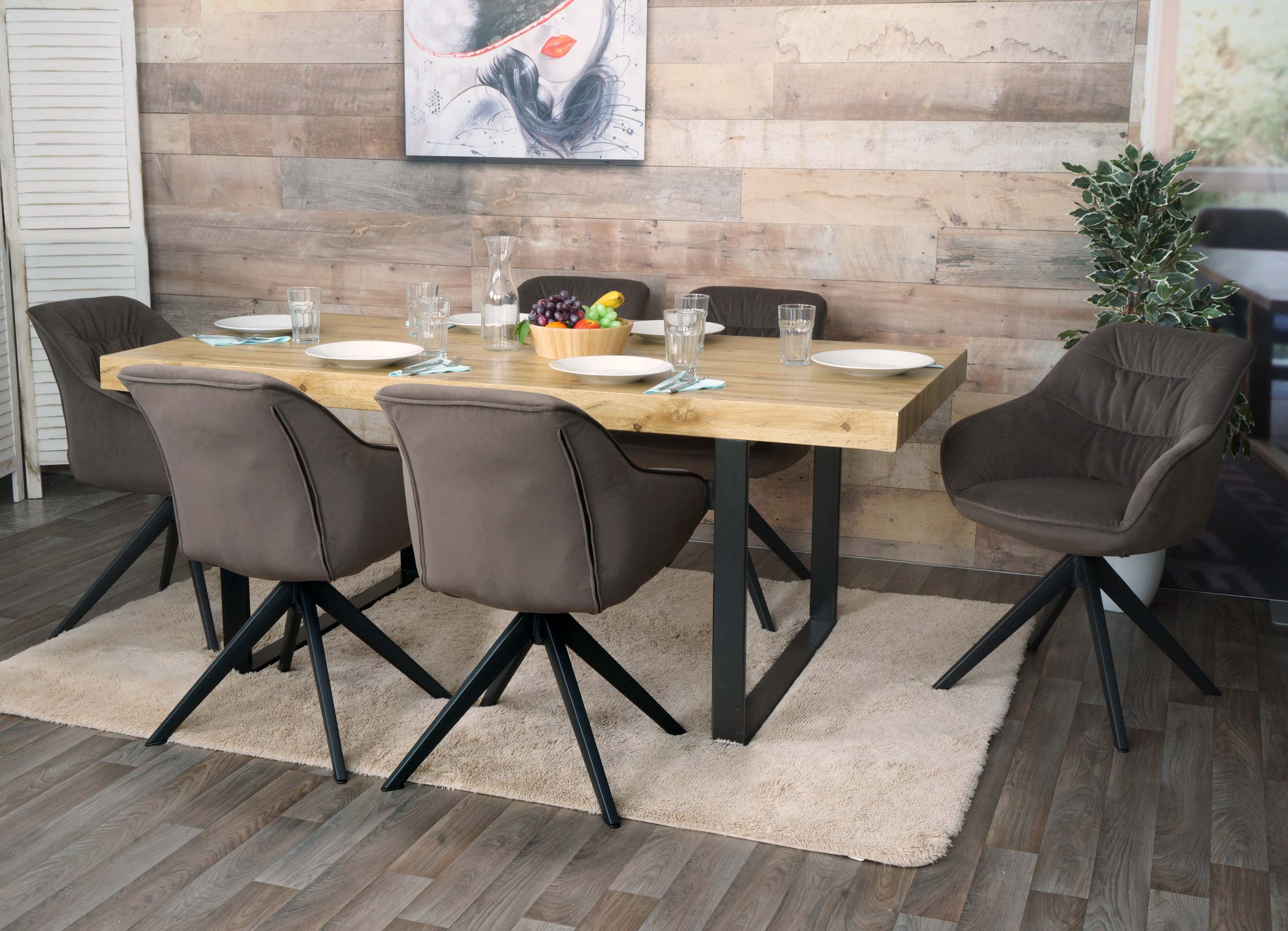 6er-Set Esszimmerstuhl MCW-K28, K&uuml;chenstuhl Polsterstuhl Stuhl mit Armlehne, drehbar, Metall ~ Stoff/Textil braun - Bild 1