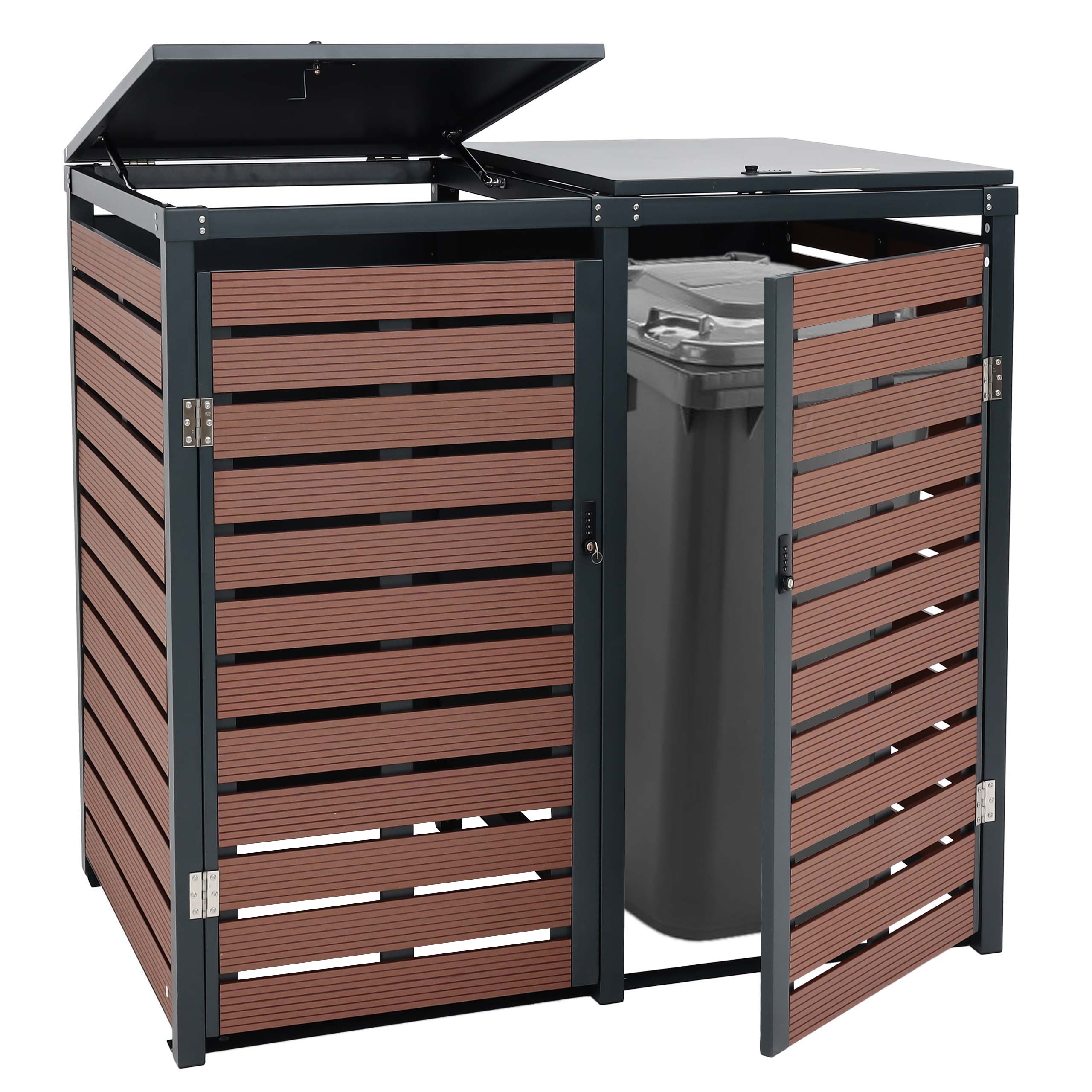 2er M&uuml;lltonnenverkleidung MCW-K14, M&uuml;lltonnenbox M&uuml;lltonnenabdeckung, 119x134x84cm WPC Metall 78kg ~ Walnuss-Holzoptik - Bild 1