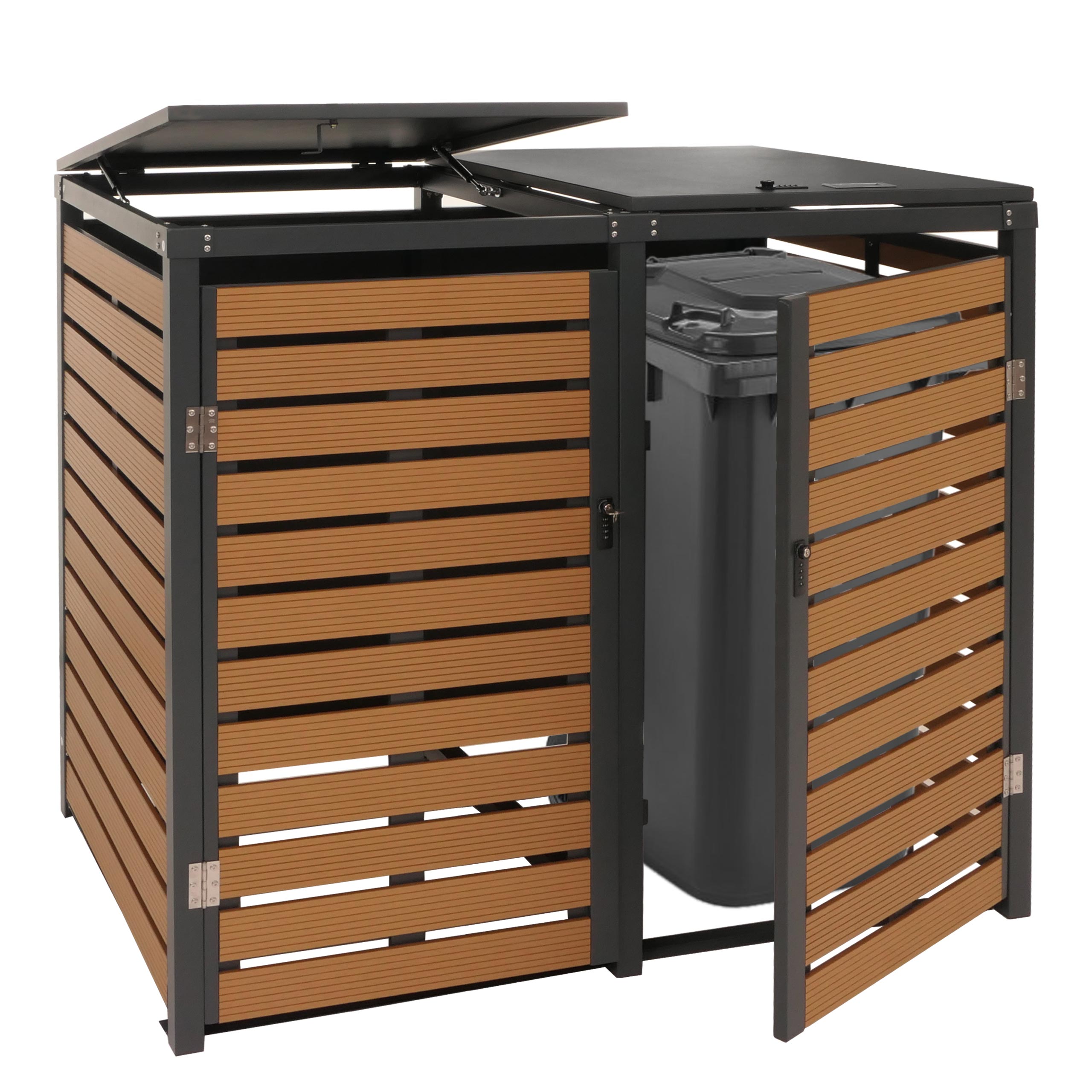 2er M&uuml;lltonnenverkleidung MCW-K14, M&uuml;lltonnenbox M&uuml;lltonnenabdeckung, 119x134x84cm WPC Metall 78kg ~ Teak-Optik - Bild 1